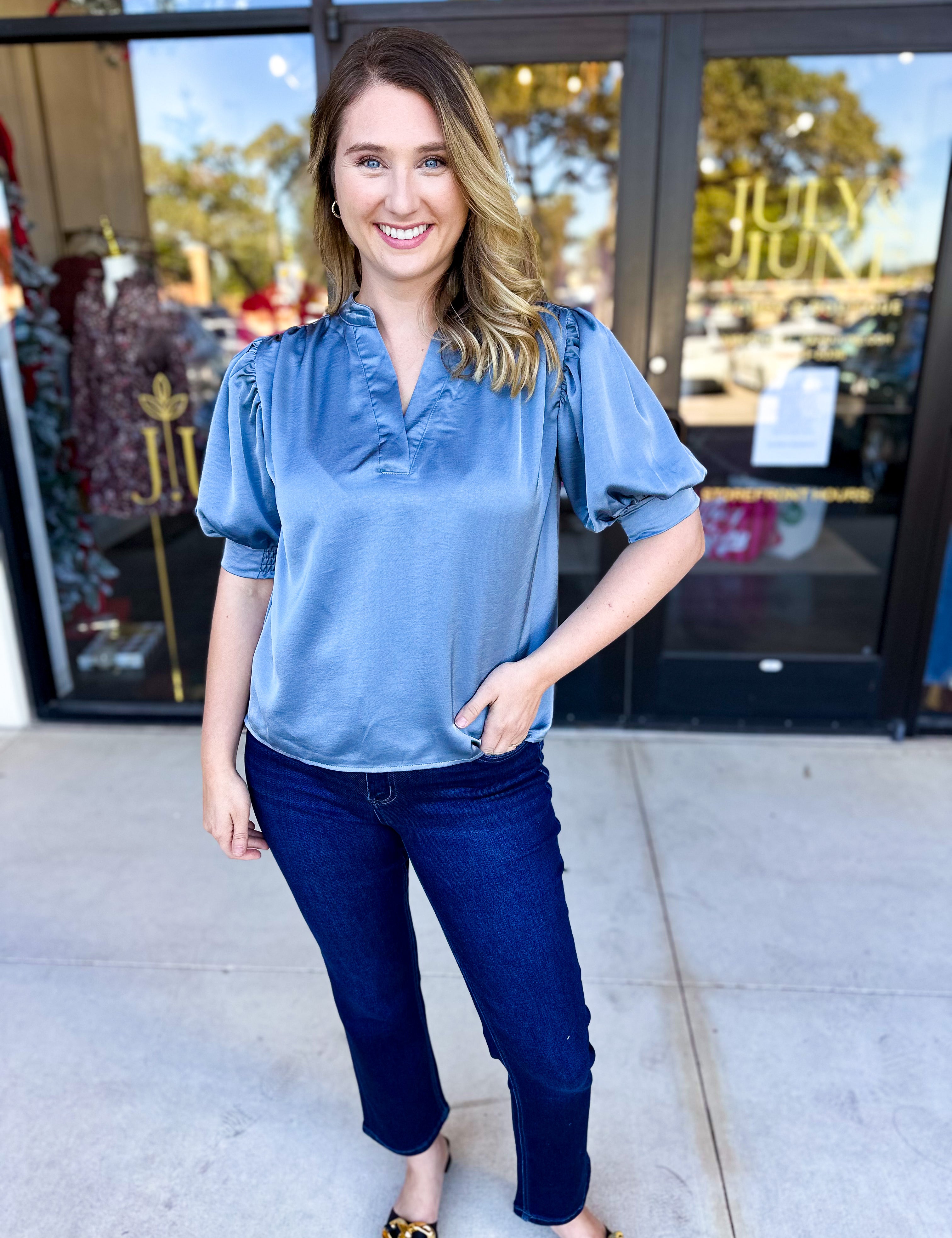 Pink Friday Doorbuster - Puff Sleeve Satin Blouse - Slate - IN STORE-PINK FRIDAY DOORBUSTERS-GLAM-July & June Women's Fashion Boutique Located in San Antonio, Texas