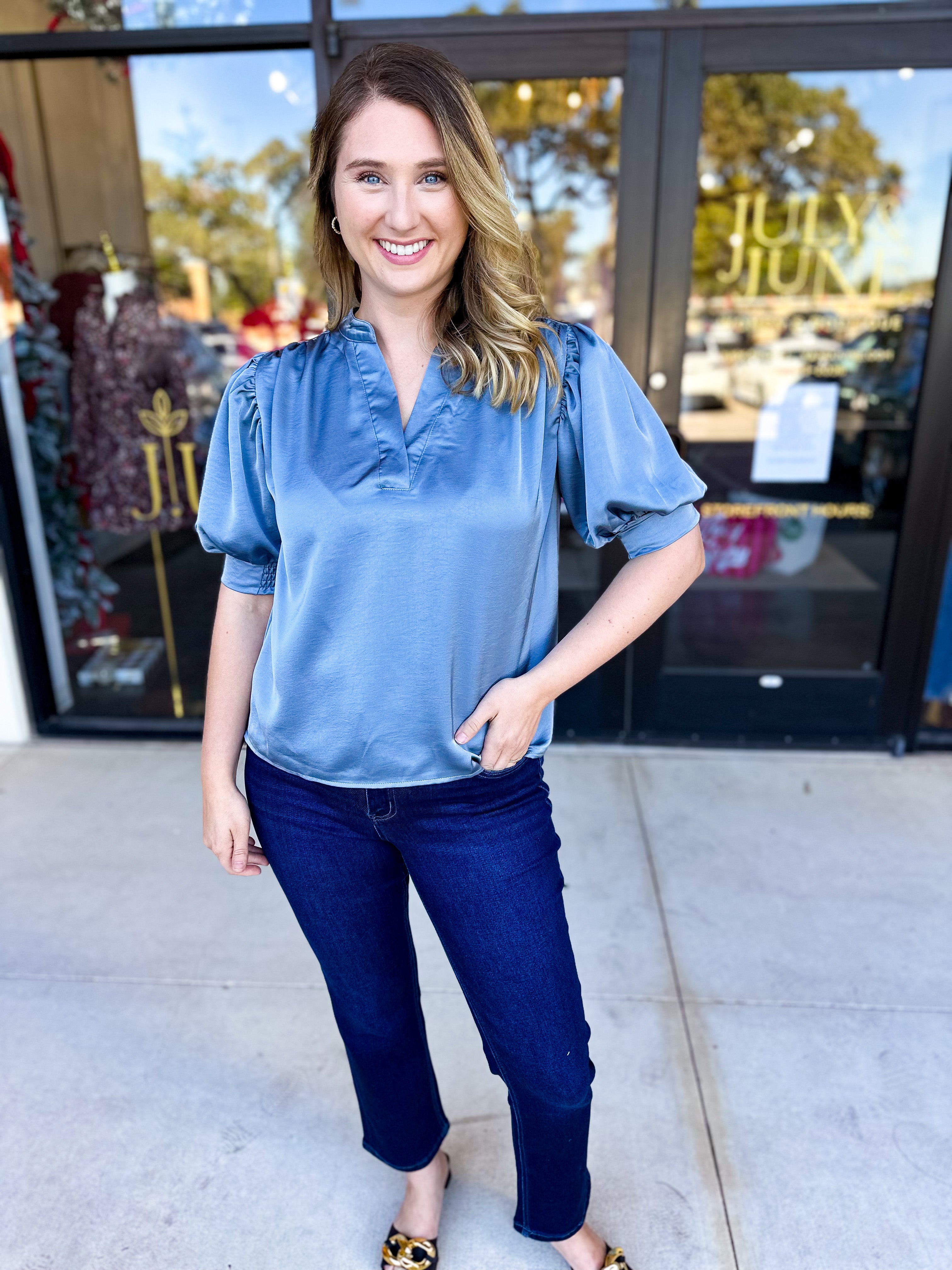 Pink Friday Doorbuster - Puff Sleeve Satin Blouse - Slate - IN STORE-PINK FRIDAY DOORBUSTERS-GLAM-July & June Women's Fashion Boutique Located in San Antonio, Texas