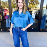Pink Friday Doorbuster - Classic Satin Blouse - Blue - ONLINE-PINK FRIDAY DOORBUSTERS-GLAM-July & June Women's Fashion Boutique Located in San Antonio, Texas