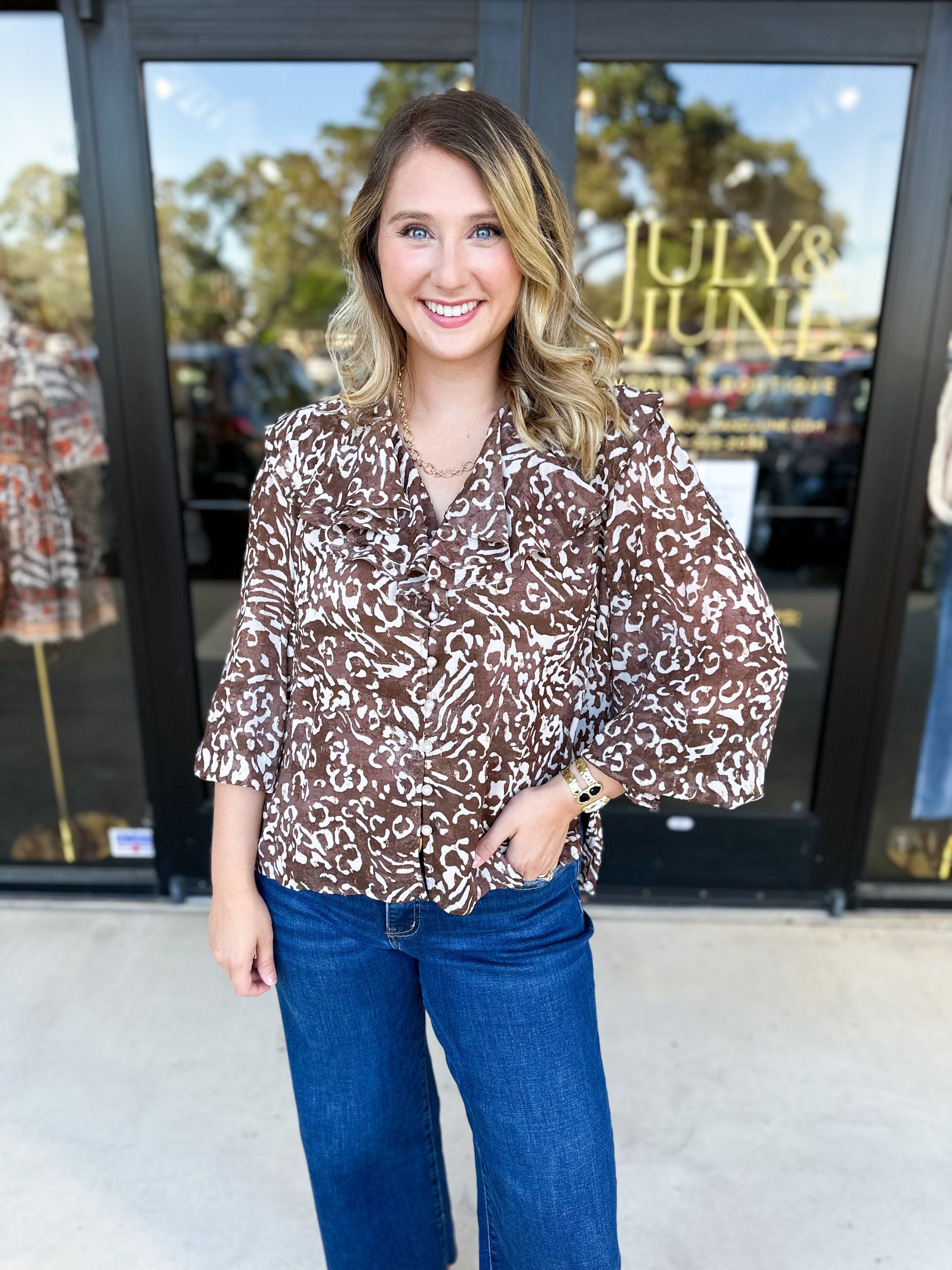 Mocha Cheetah & Ruffle Blouse-200 Fashion Blouses-FATE-July & June Women's Fashion Boutique Located in San Antonio, Texas