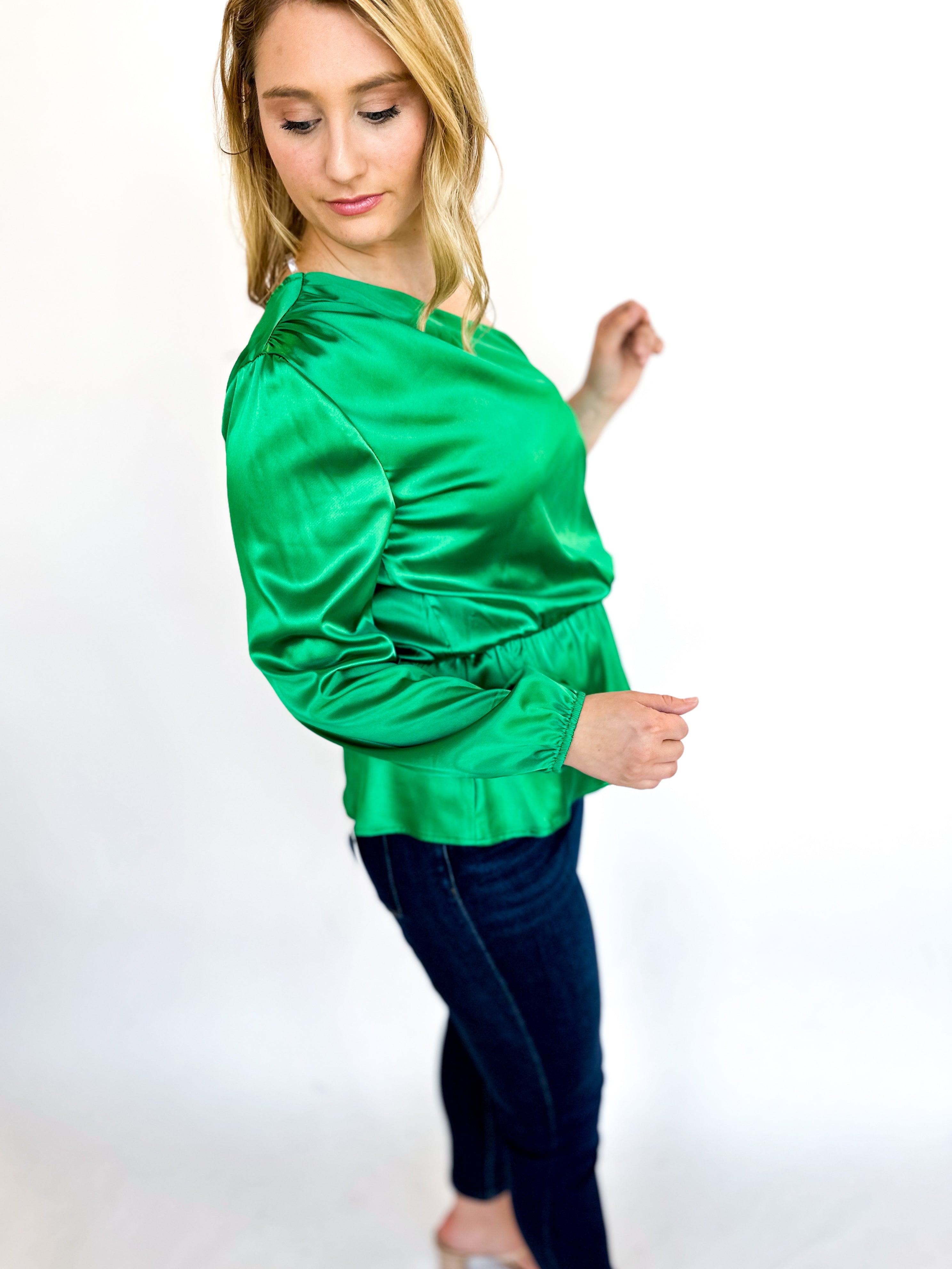 One Shoulder Party Blouse - Mistletoe Green-200 Fashion Blouses-ADRIENNE-July & June Women's Fashion Boutique Located in San Antonio, Texas