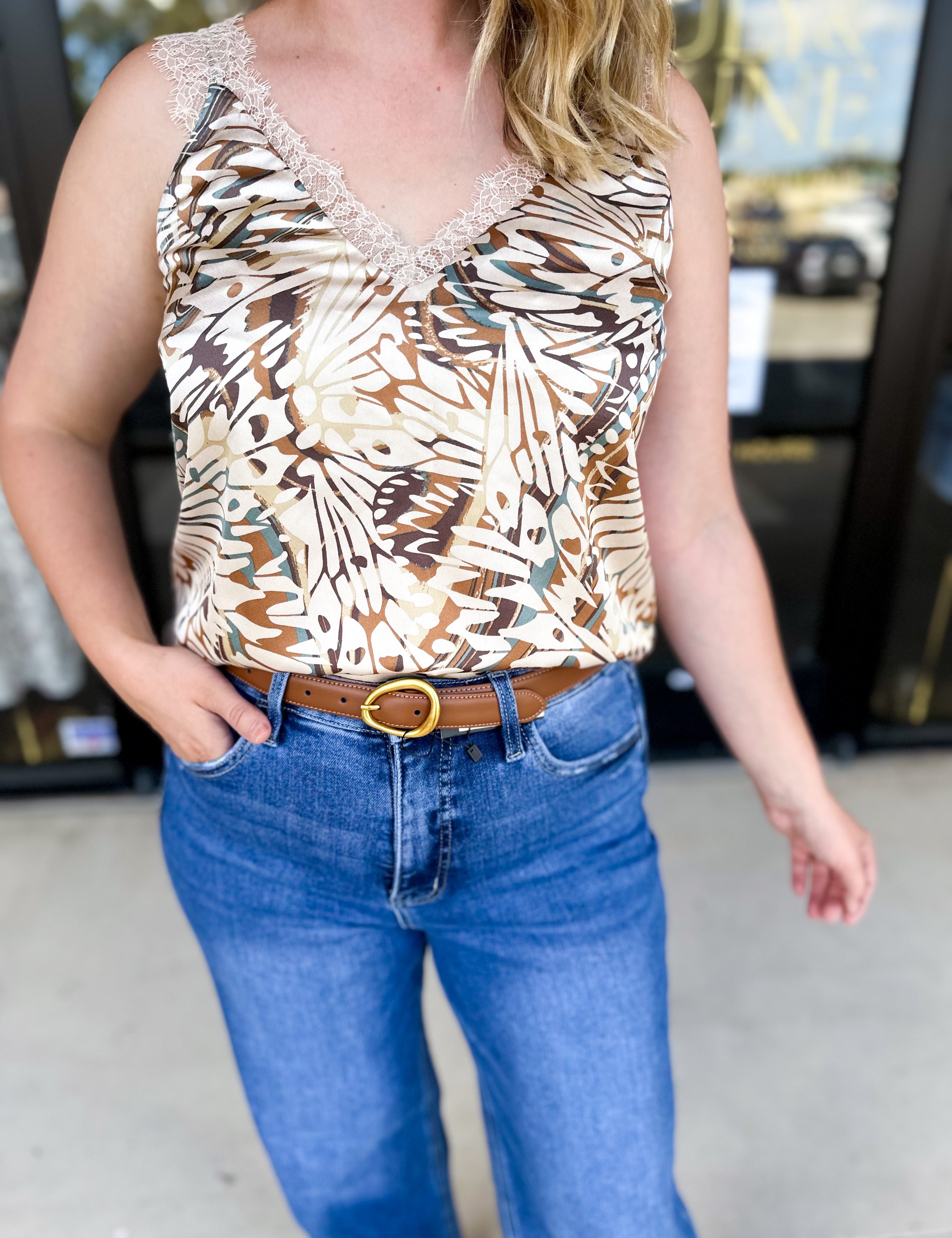 Autumn Abstract Lace Cami-200 Fashion Blouses-SKIES ARE BLUE-July & June Women's Fashion Boutique Located in San Antonio, Texas