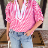 Seersucker Sweet Blouse - Pink-200 Fashion Blouses-ENTRO-July & June Women's Fashion Boutique Located in San Antonio, Texas