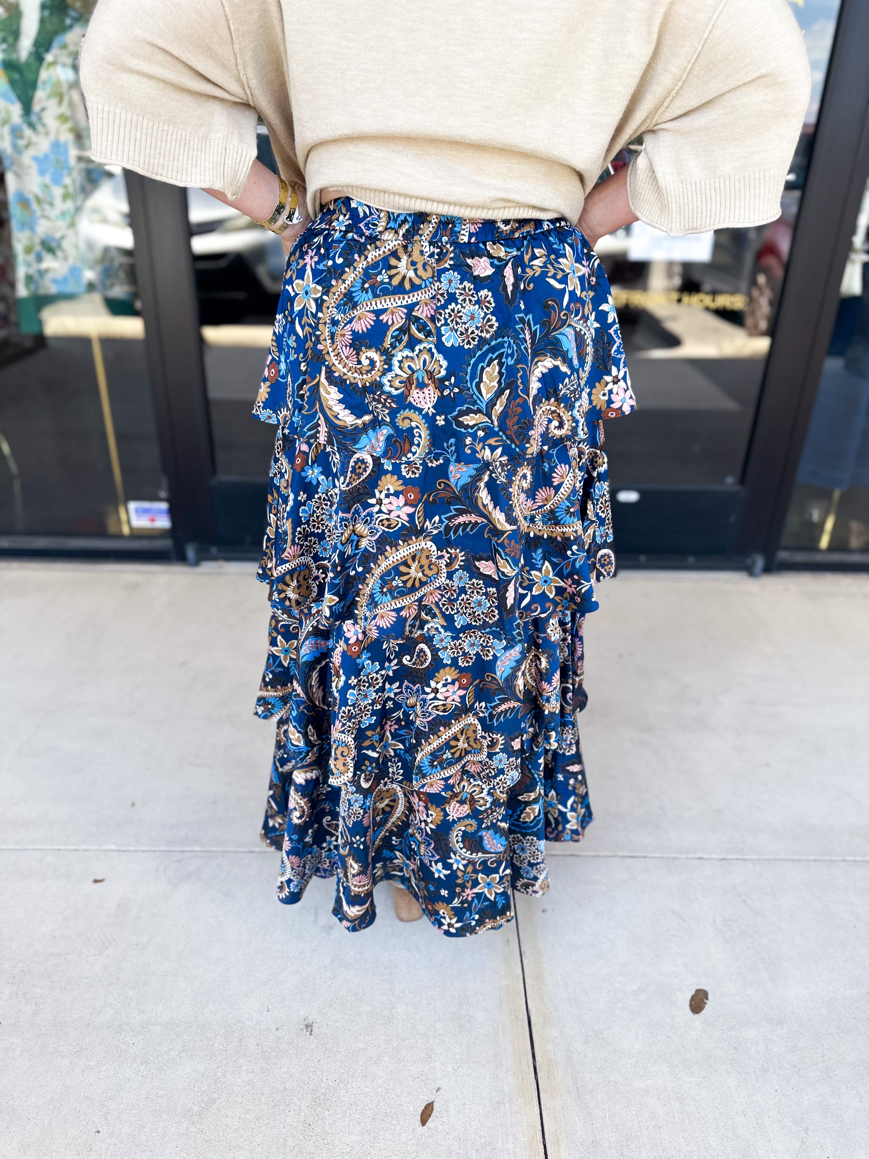 Blue Paisley Midi Skirt-410 Shorts/Skirts-SKIES ARE BLUE-July & June Women's Fashion Boutique Located in San Antonio, Texas
