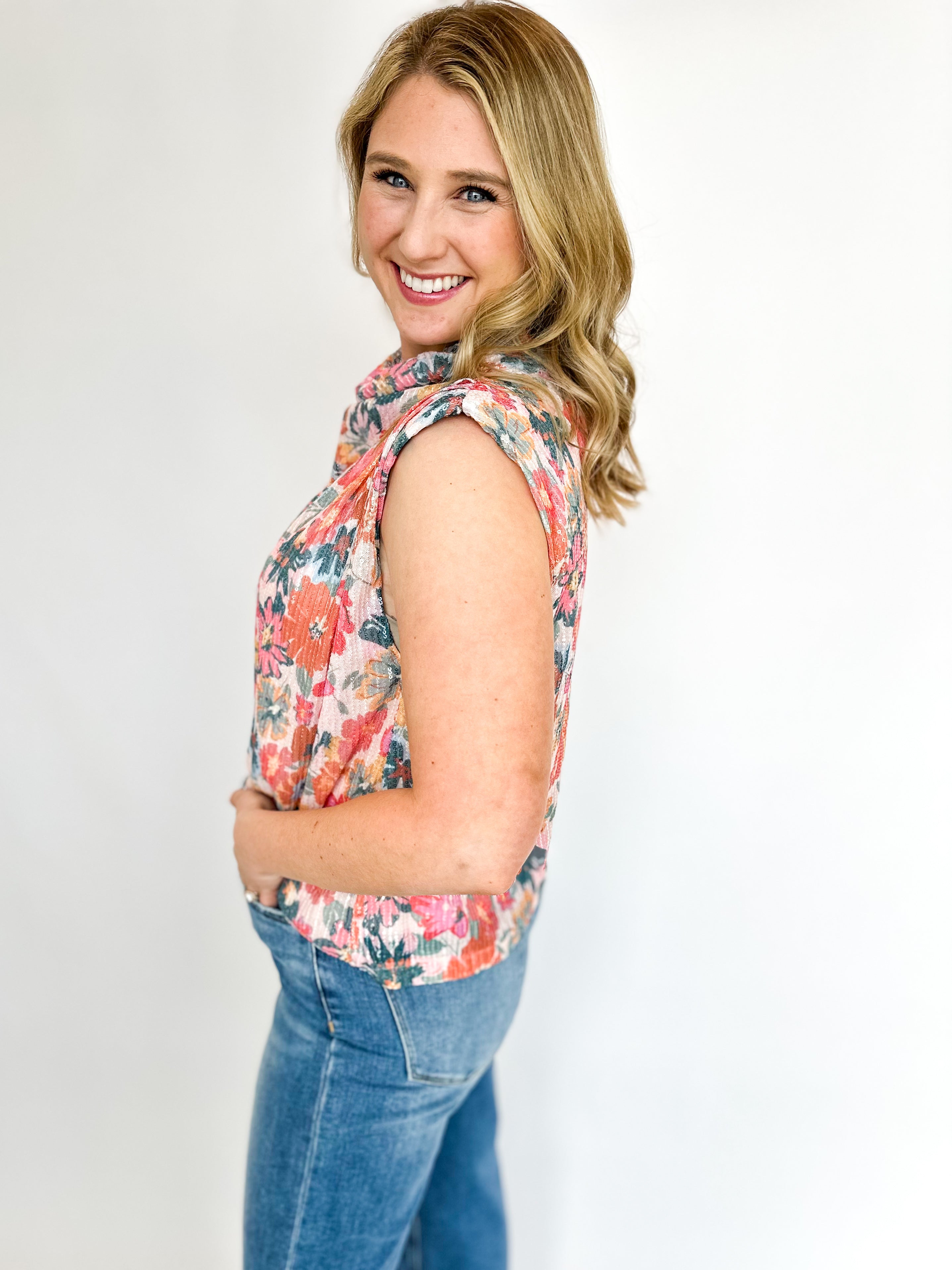 Sequin Floral Blouse-200 Fashion Blouses-FATE-July & June Women's Fashion Boutique Located in San Antonio, Texas