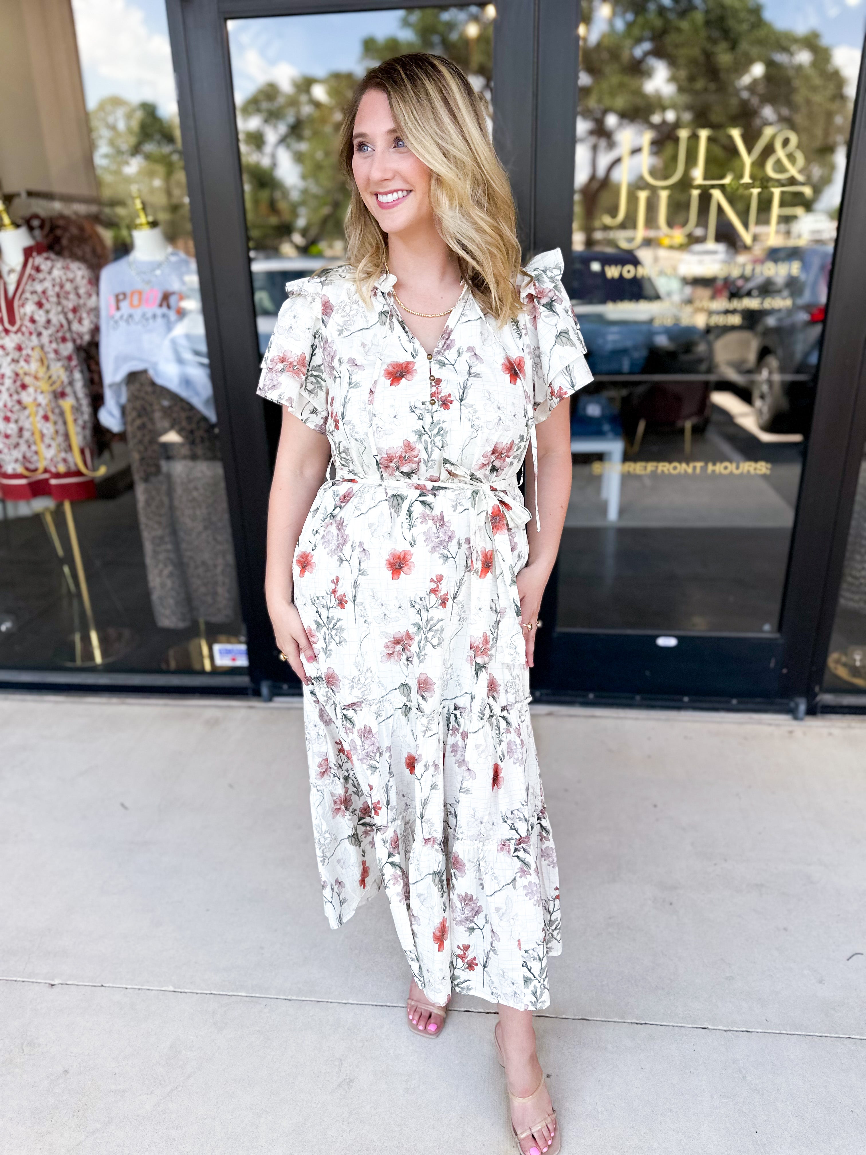 Autumn Garden Midi Dress-500 Midi-ENTRO-July & June Women's Fashion Boutique Located in San Antonio, Texas