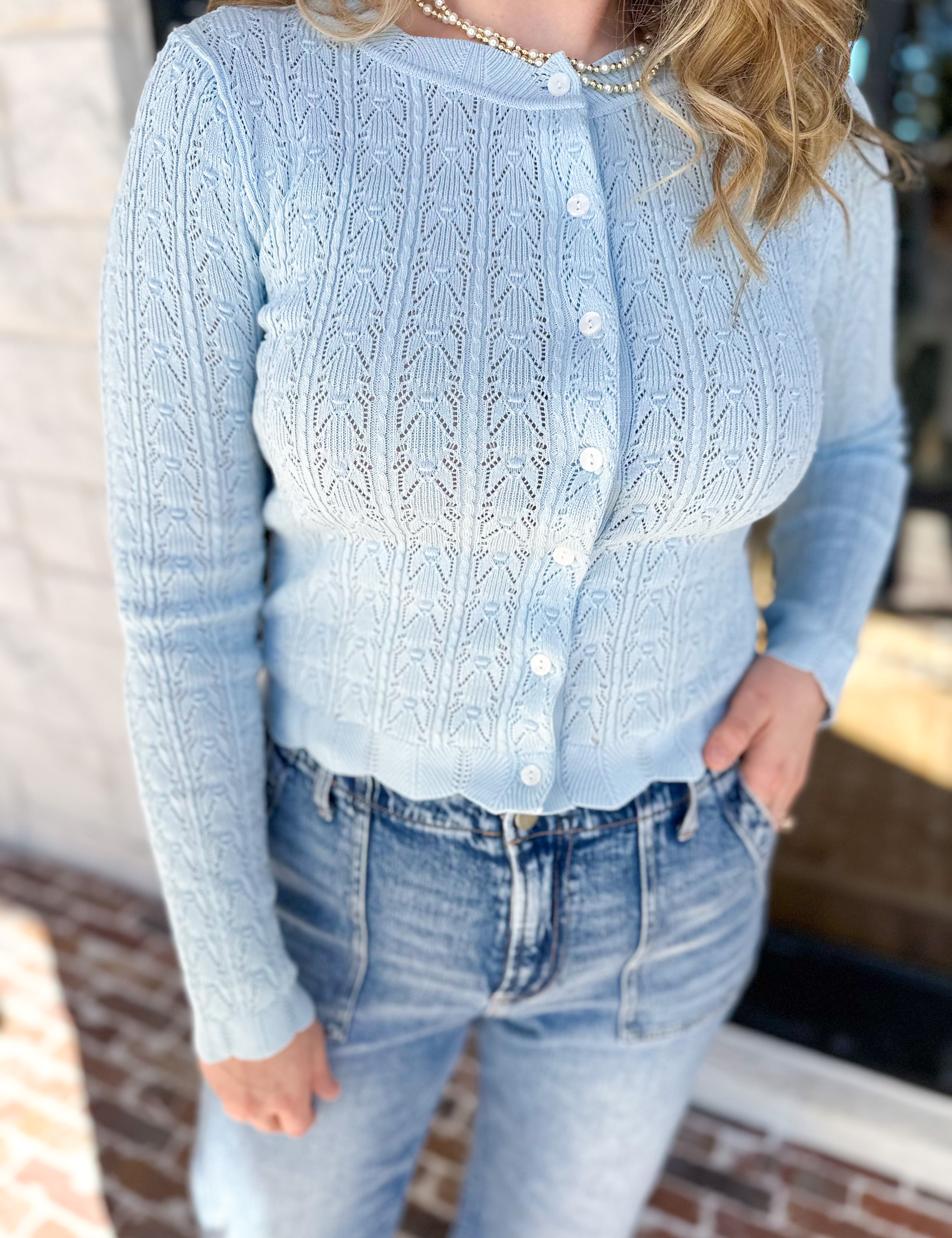 Pointelle Cardigan - Soft Blue-230 Sweaters/Cardis-ALLIE ROSE-July & June Women's Fashion Boutique Located in San Antonio, Texas