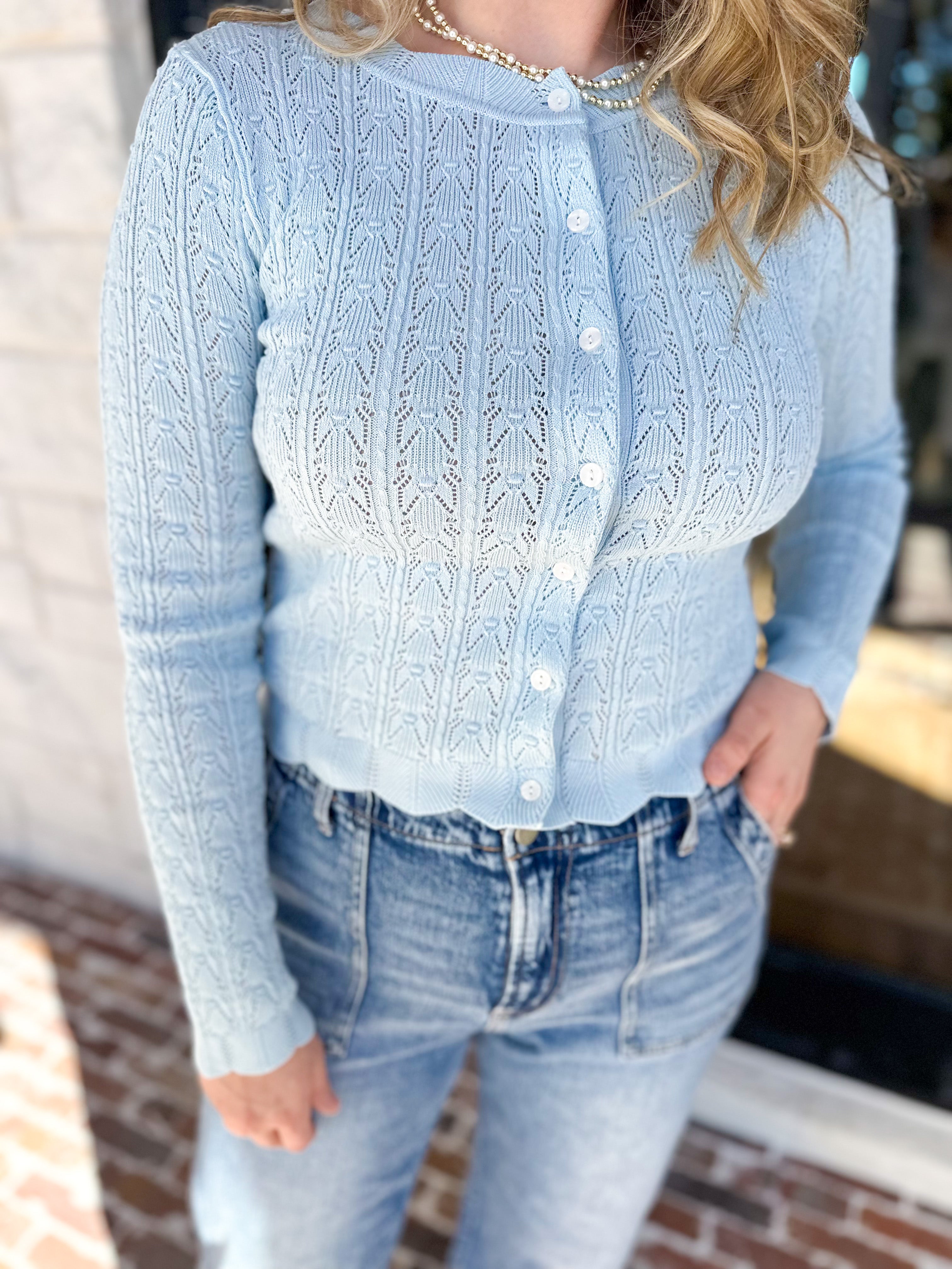 Pointelle Cardigan - Soft Blue-230 Sweaters/Cardis-ALLIE ROSE-July & June Women's Fashion Boutique Located in San Antonio, Texas