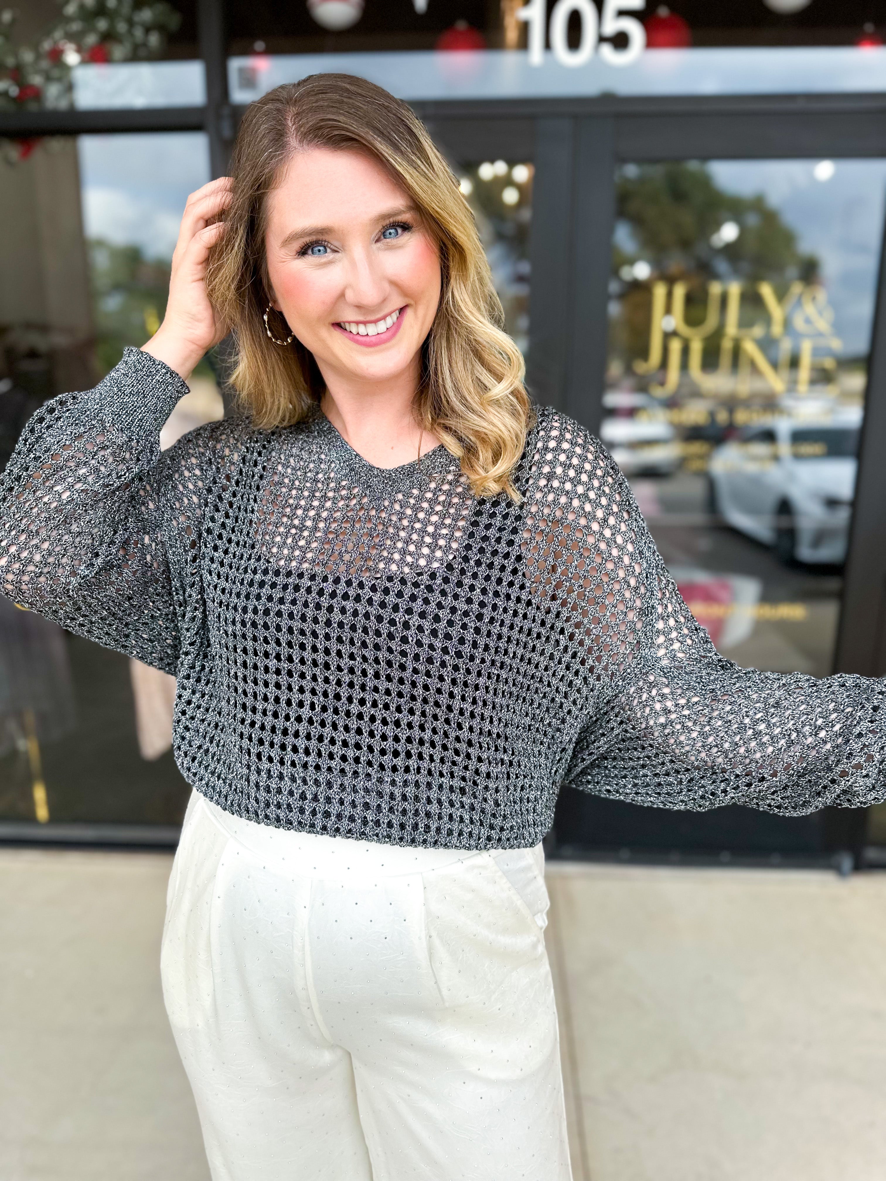 Foil Knit Sweater Top - Black Silver-230 Sweaters/Cardis-ALLIE ROSE-July & June Women's Fashion Boutique Located in San Antonio, Texas