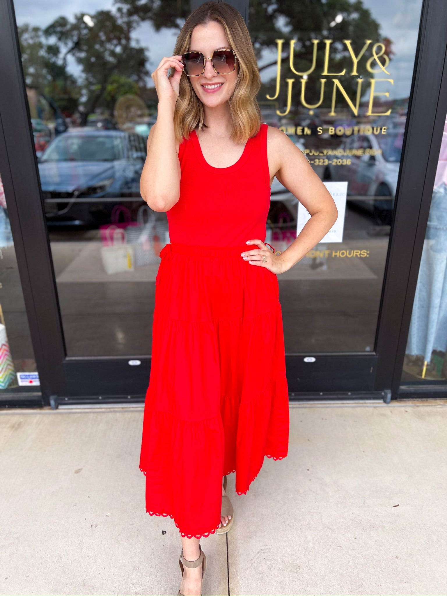 The Summertime Savvy Midi Dress - Red-500 Midi-SKIES ARE BLUE-July & June Women's Fashion Boutique Located in San Antonio, Texas