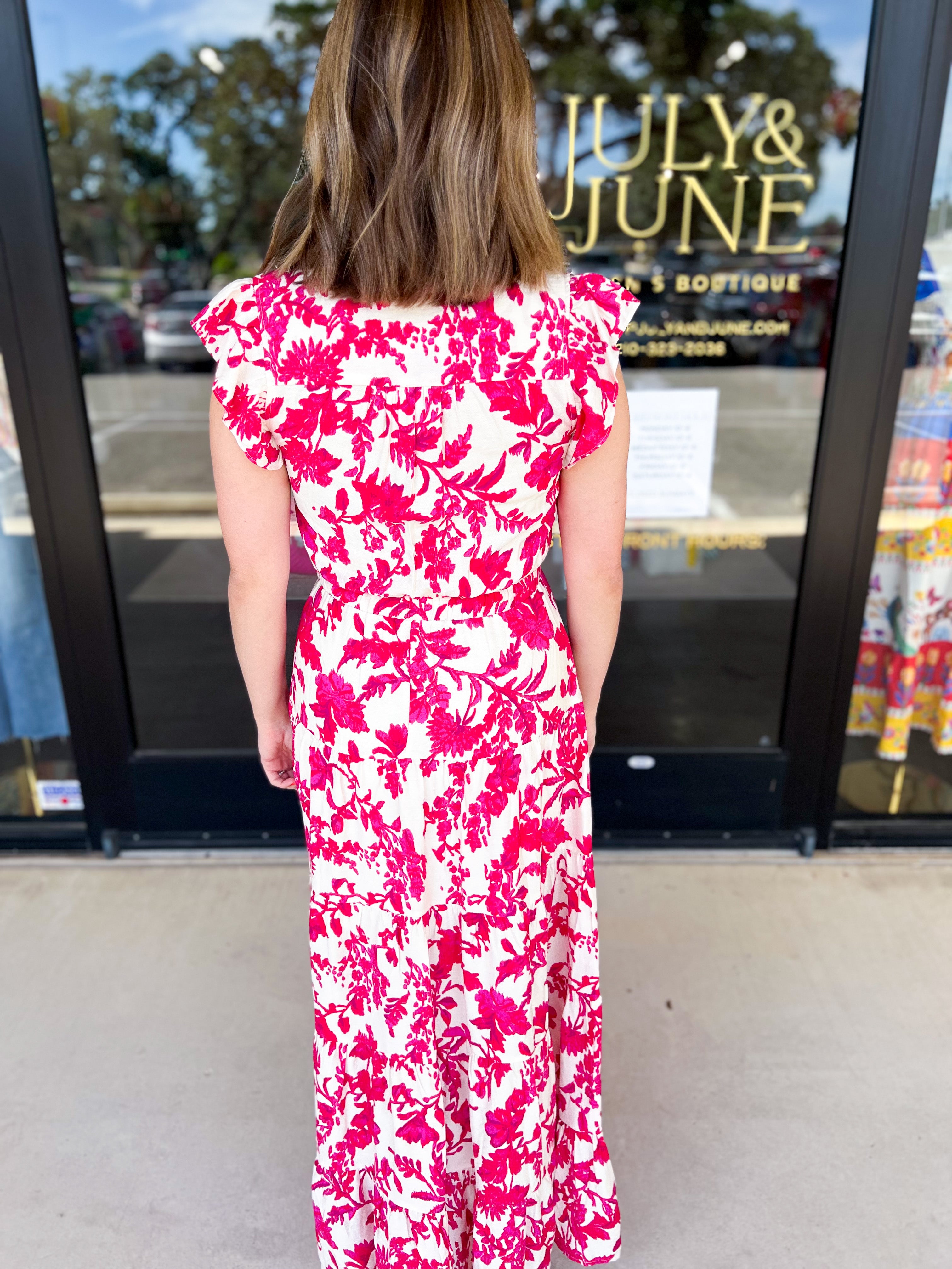 Deep Pink Floral Midi Dress-500 Midi-PINCH-July & June Women's Fashion Boutique Located in San Antonio, Texas