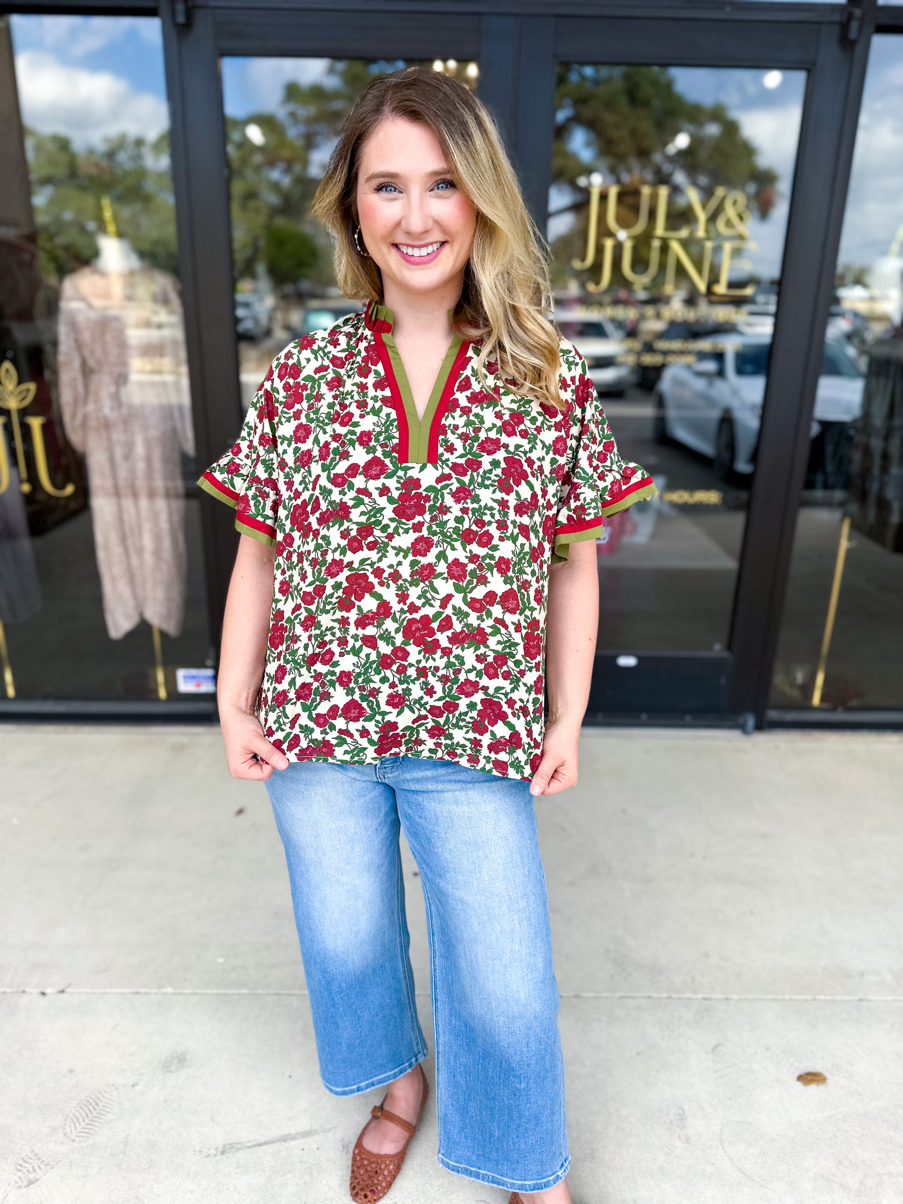 Burgundy & Olive Floral Blouse-200 Fashion Blouses-ENTRO-July & June Women's Fashion Boutique Located in San Antonio, Texas