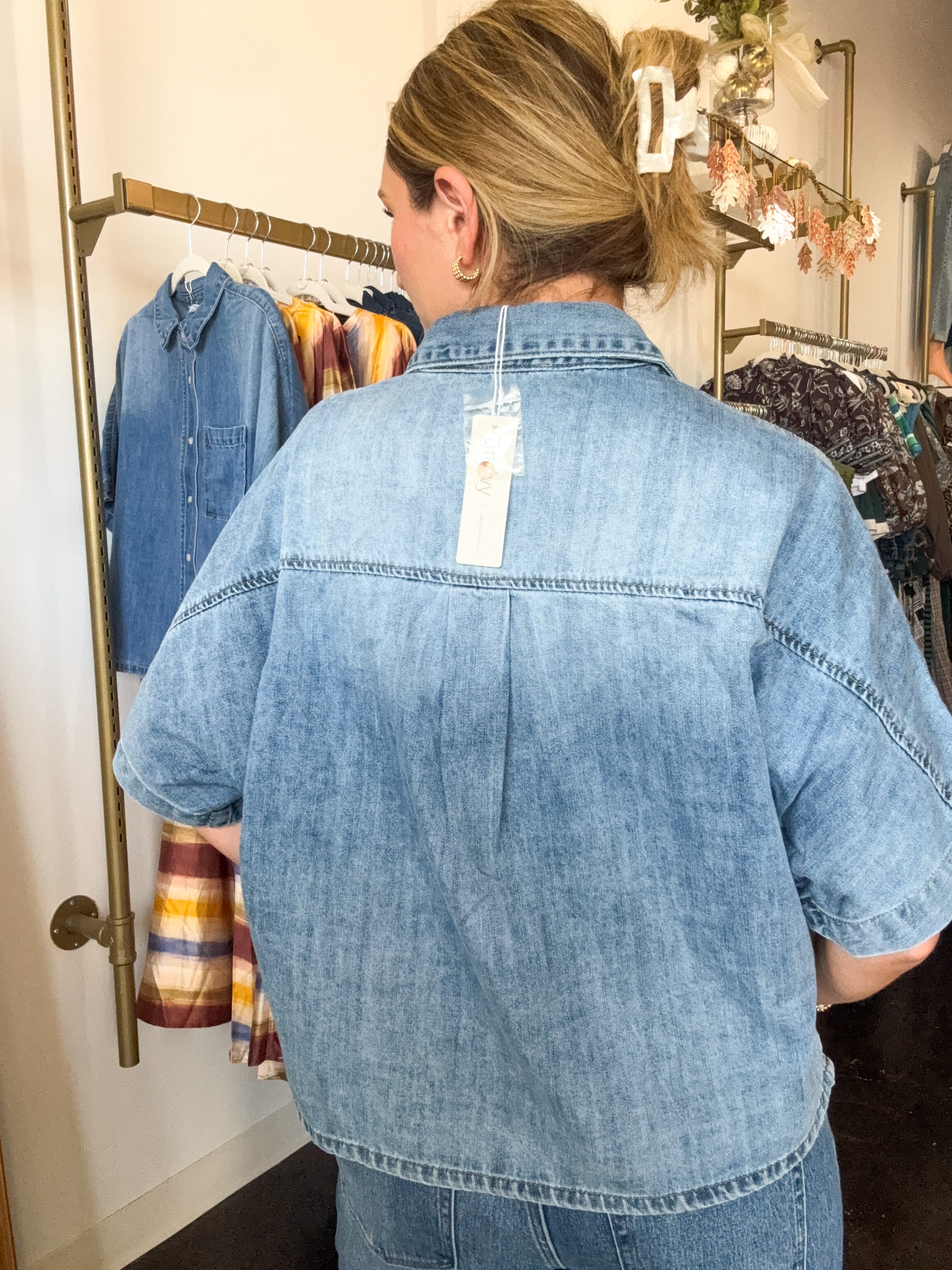 Short Sleeve Boxy Denim Button Down - Light Wash-200 Fashion Blouses-BLUIVY-July & June Women's Fashion Boutique Located in San Antonio, Texas