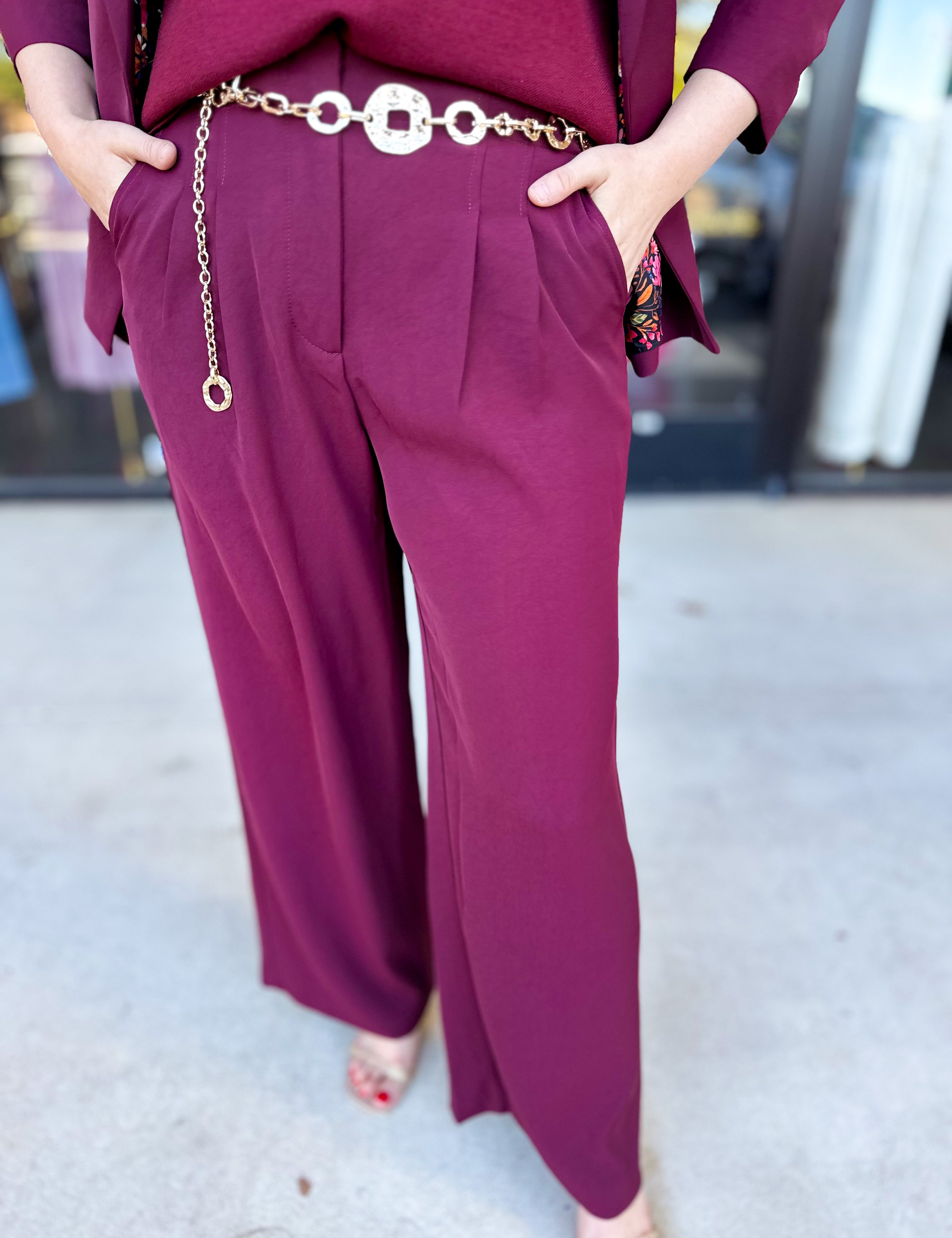 Wide Leg Trousers - Wine-400 Pants-SKIES ARE BLUE-July & June Women's Fashion Boutique Located in San Antonio, Texas