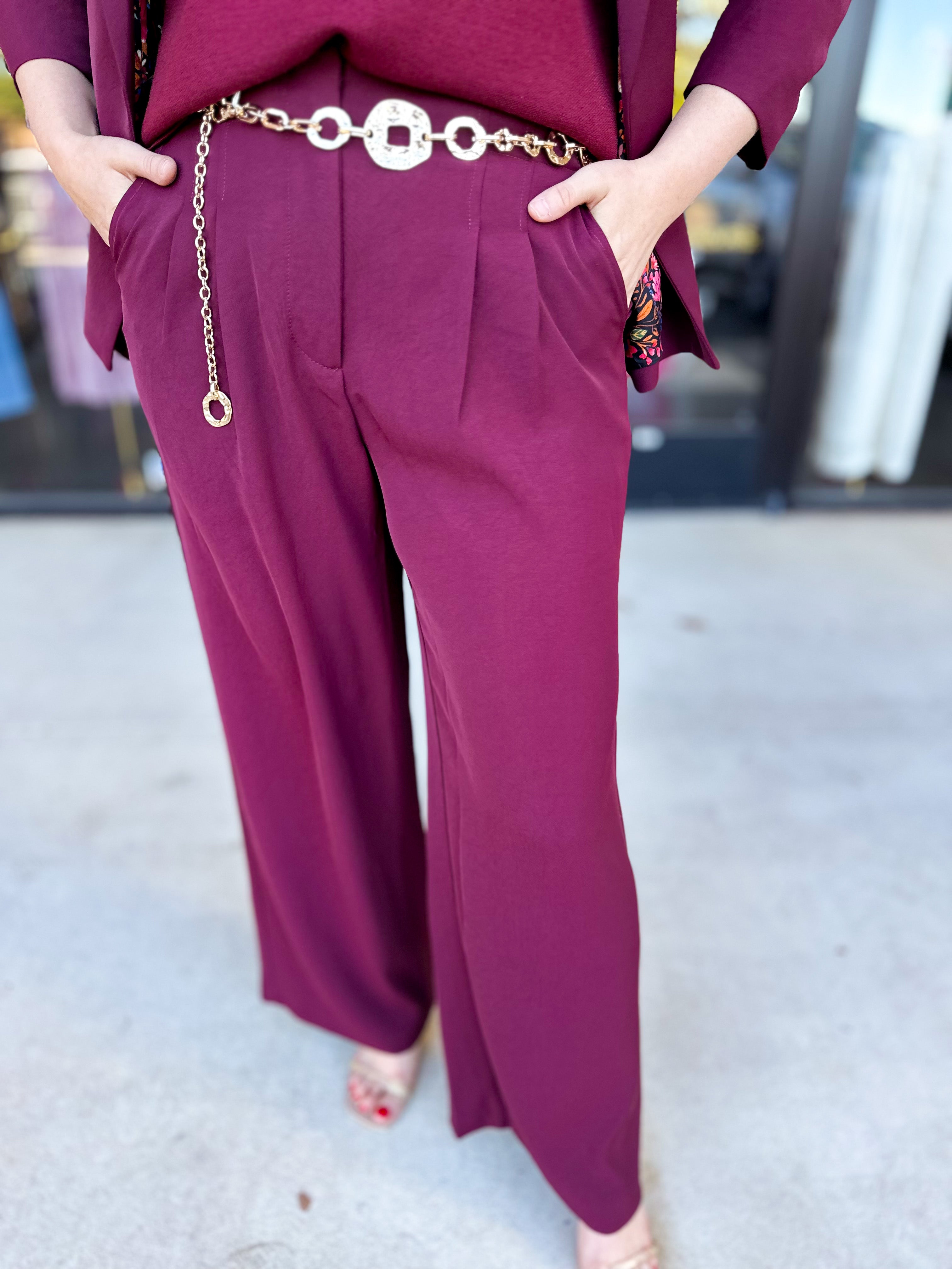 Wide Leg Trousers - Wine-400 Pants-SKIES ARE BLUE-July & June Women's Fashion Boutique Located in San Antonio, Texas