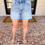 Vervet - Light Wash High Rise Denim Shorts-410 Shorts/Skirts-VEVERT BY FLYING MONKEY-July & June Women's Fashion Boutique Located in San Antonio, Texas