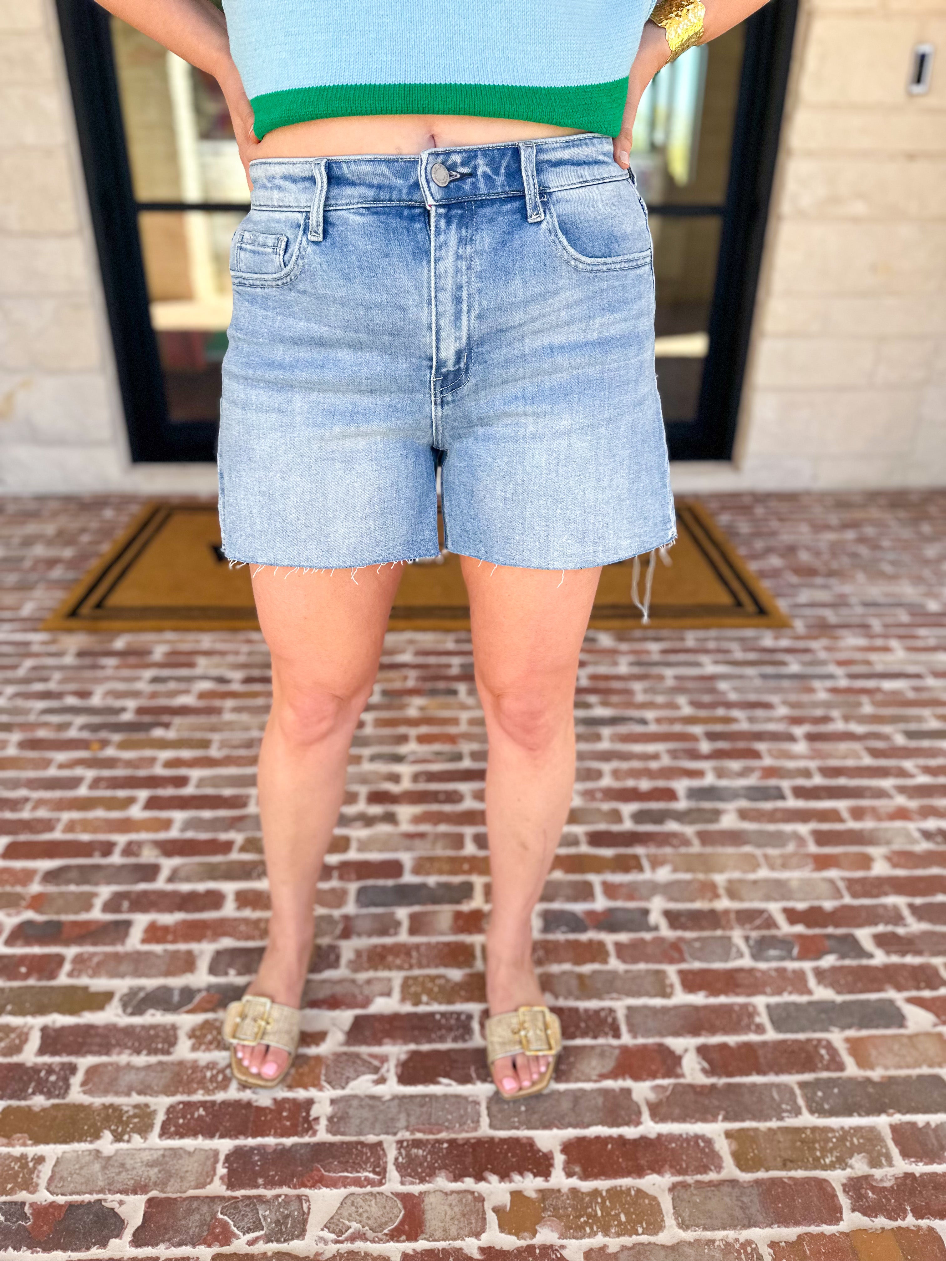 Vervet - Light Wash High Rise Denim Shorts-410 Shorts/Skirts-VEVERT BY FLYING MONKEY-July & June Women's Fashion Boutique Located in San Antonio, Texas