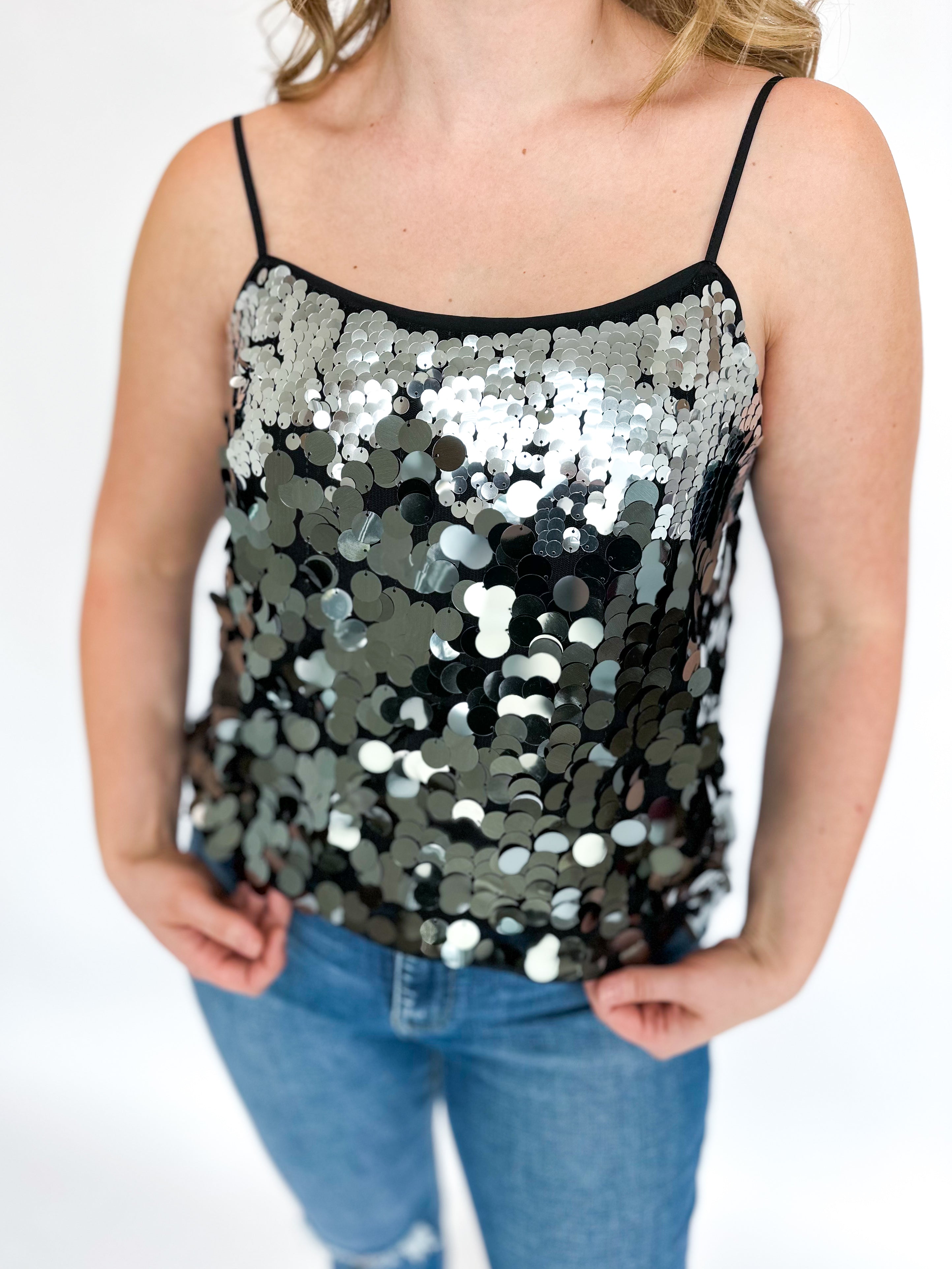 Made to Shine Sequin Cami-200 Fashion Blouses-SKIES ARE BLUE-July & June Women's Fashion Boutique Located in San Antonio, Texas