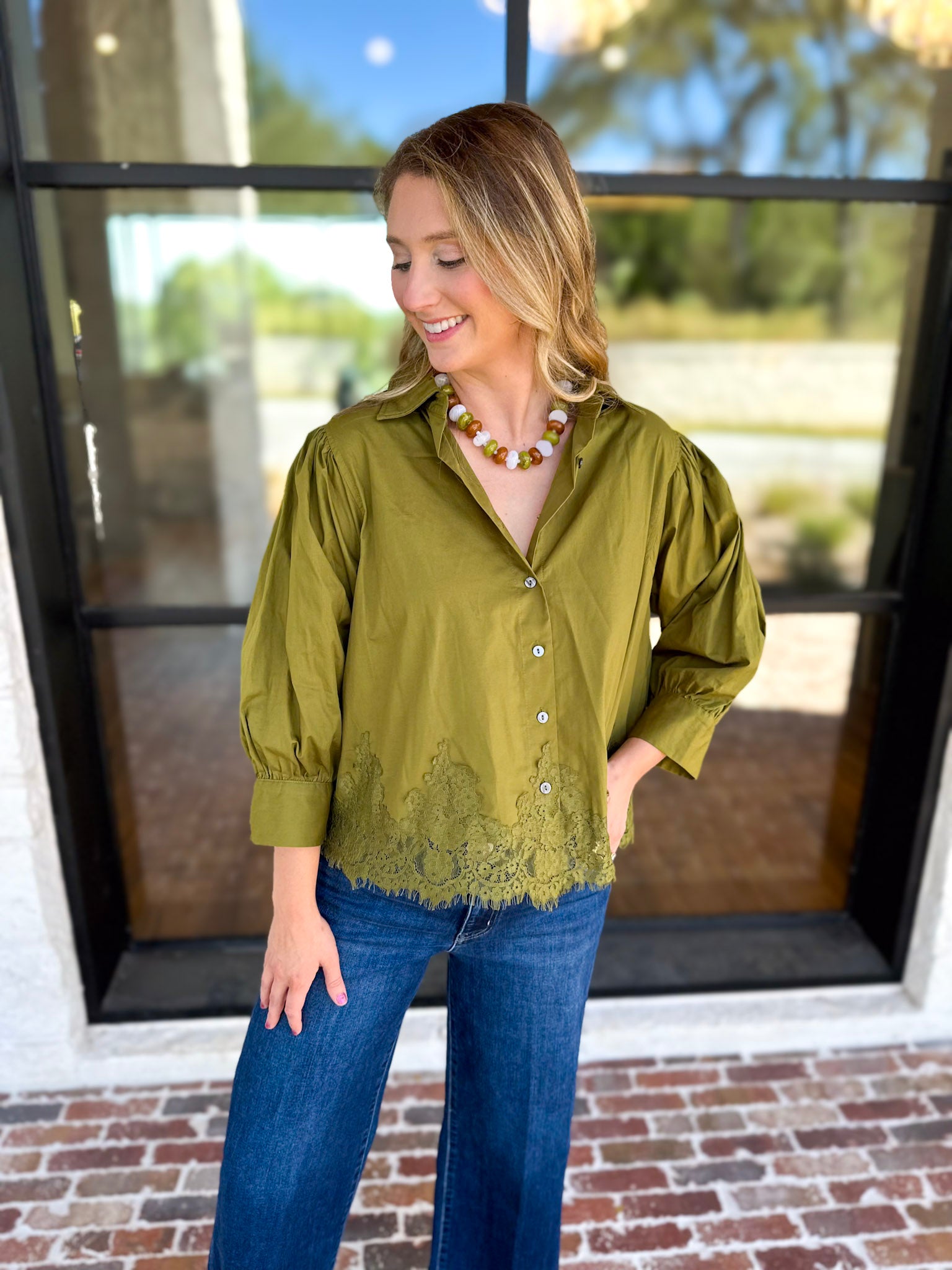 Work to Happy Hour Blouse - Martini Olive-200 Fashion Blouses-ENTRO-July & June Women's Fashion Boutique Located in San Antonio, Texas