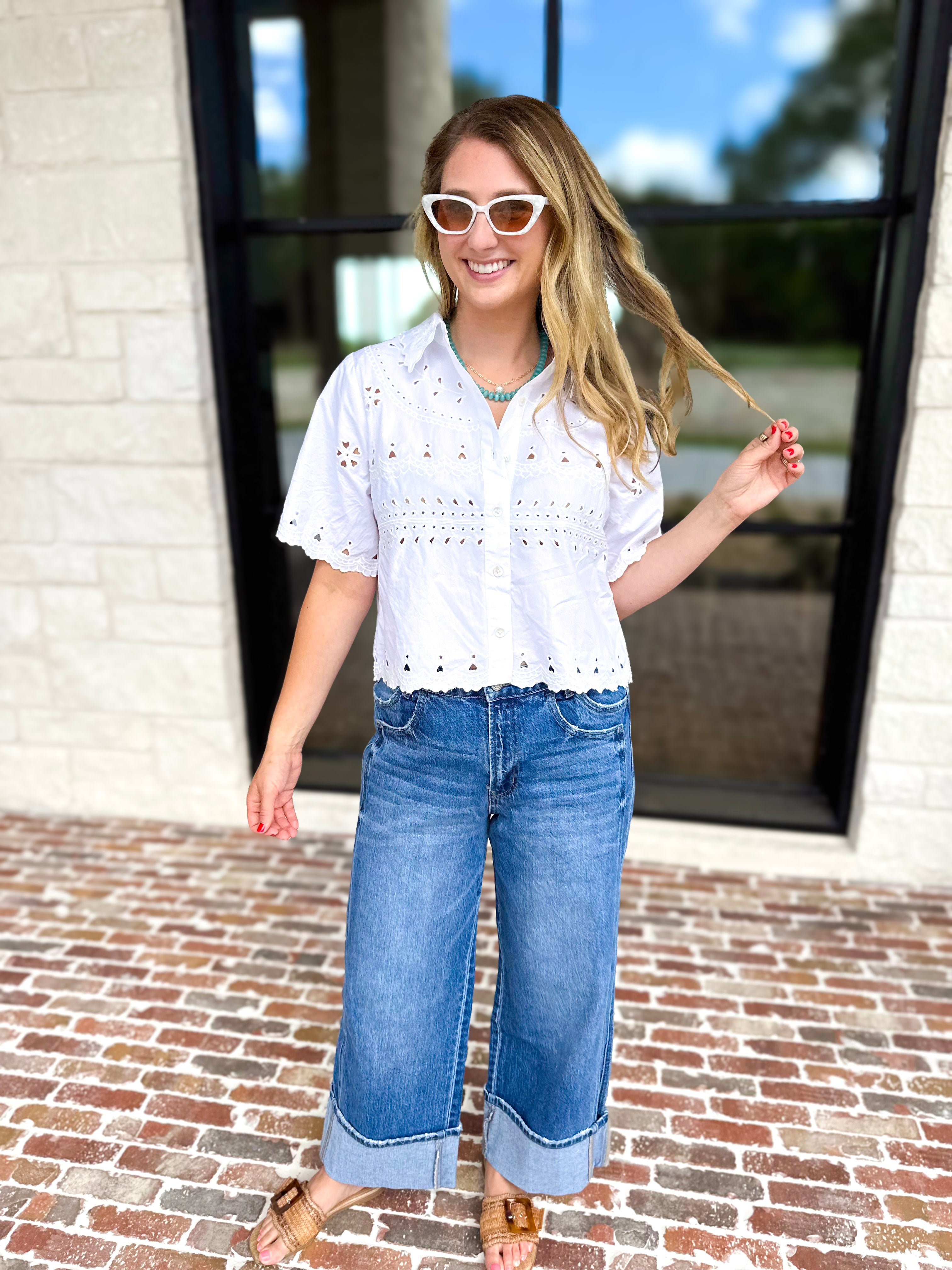 THML - Summertime Eyelet Blouse-200 Fashion Blouses-THML-July & June Women's Fashion Boutique Located in San Antonio, Texas