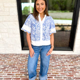 THML - Blue & Ivory Crochet Blouse-200 Fashion Blouses-THML-July & June Women's Fashion Boutique Located in San Antonio, Texas
