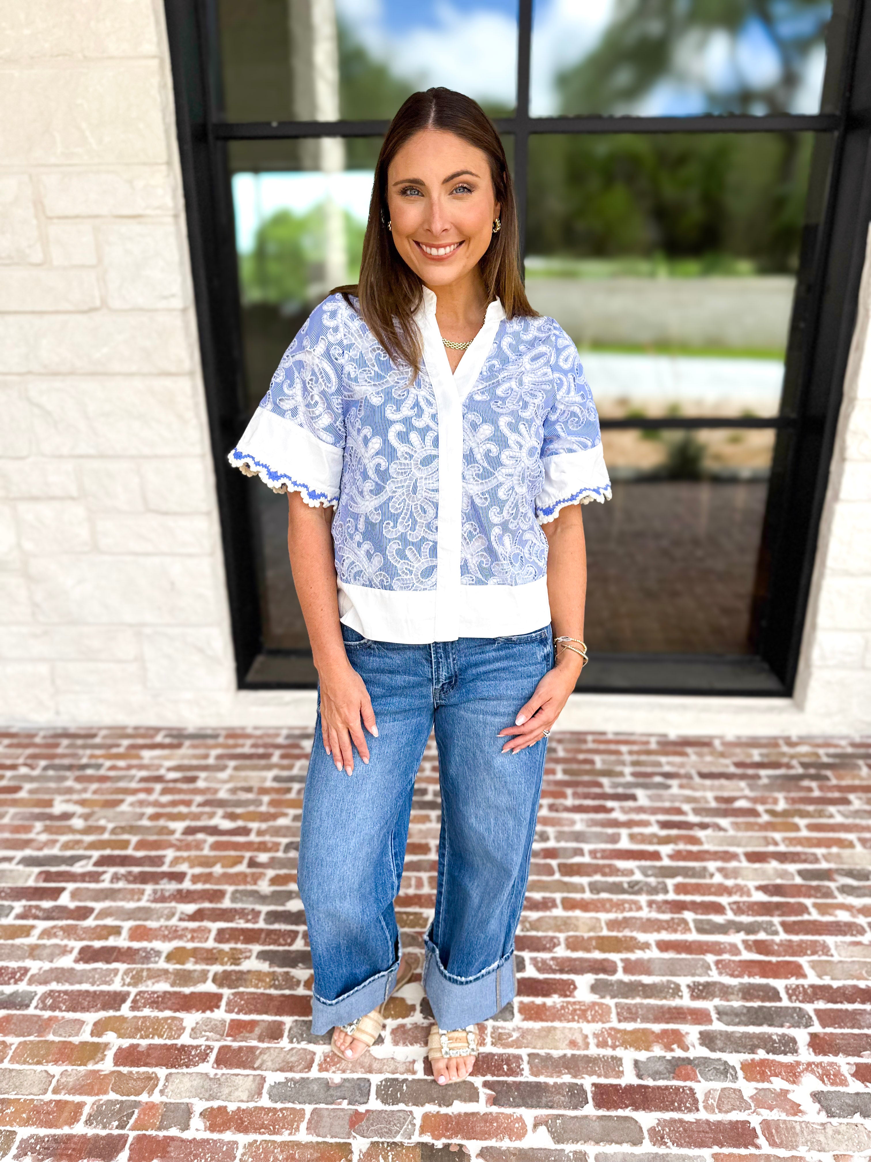 THML - Blue & Ivory Crochet Blouse-200 Fashion Blouses-THML-July & June Women's Fashion Boutique Located in San Antonio, Texas