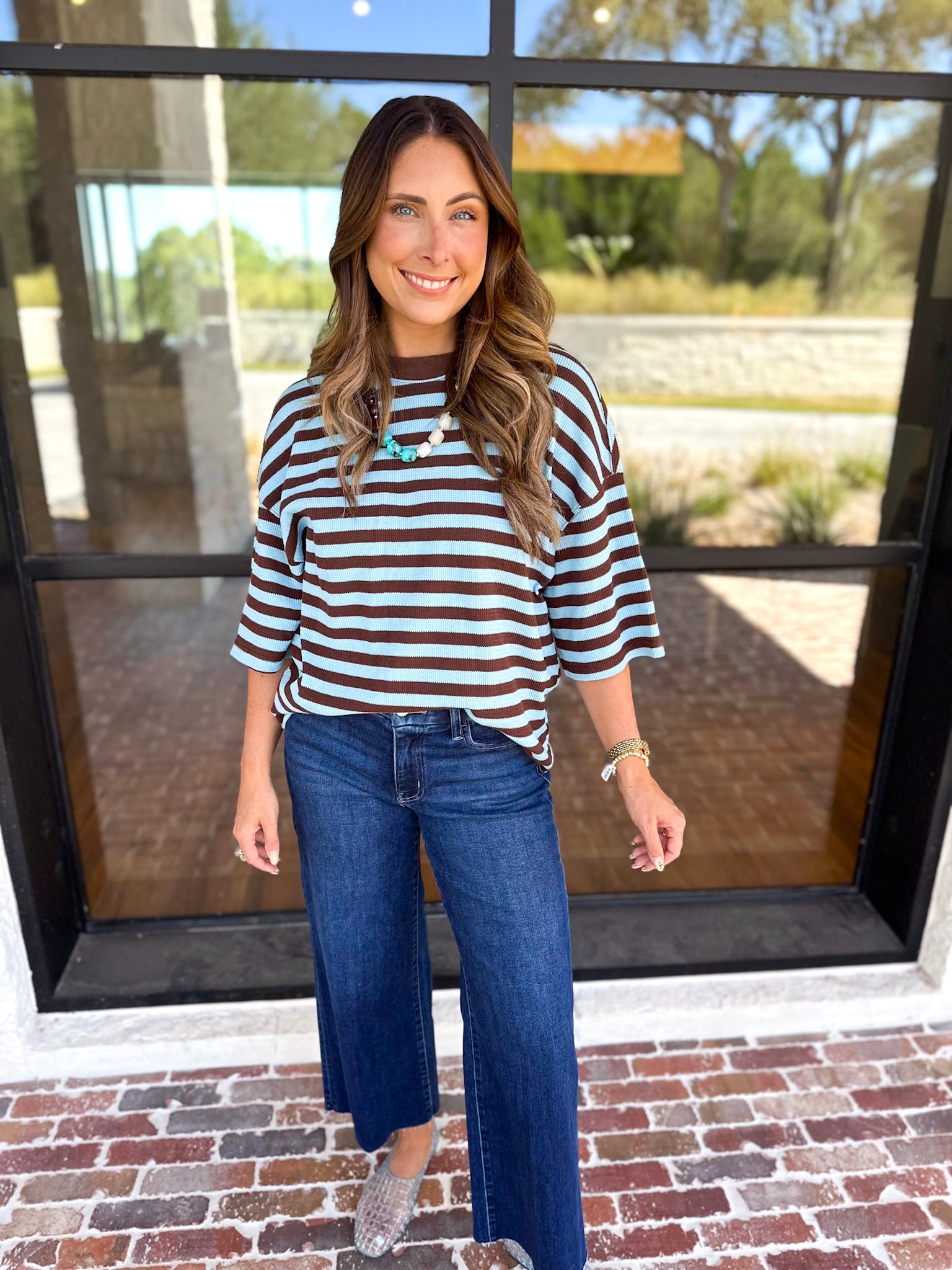 The Coffee Run Tee - Blue Mocha-210 Casual Blouses-ENTRO-July & June Women's Fashion Boutique Located in San Antonio, Texas