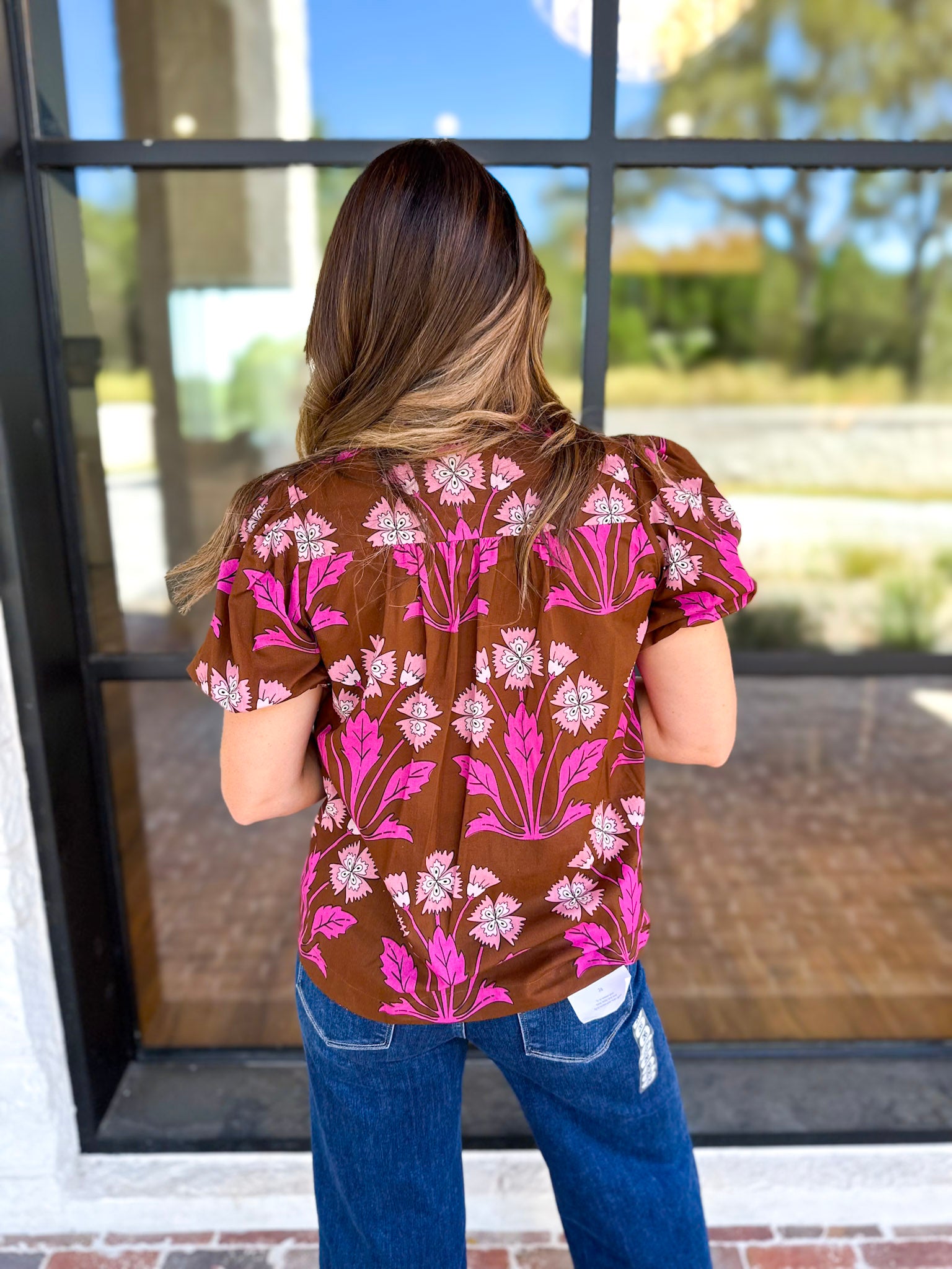 Pink & Chocolate Floral Blouse-200 Fashion Blouses-TCEC-July & June Women's Fashion Boutique Located in San Antonio, Texas