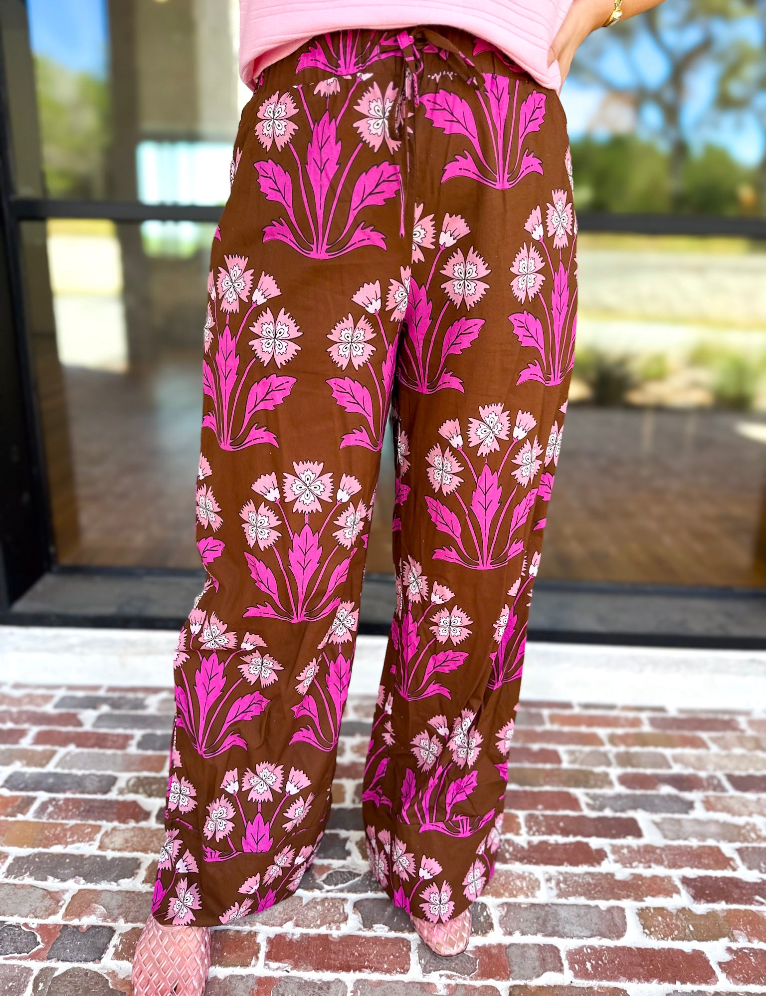 Pink & Chocolate Floral Drawstring Pants-400 Pants-TCEC-July & June Women's Fashion Boutique Located in San Antonio, Texas