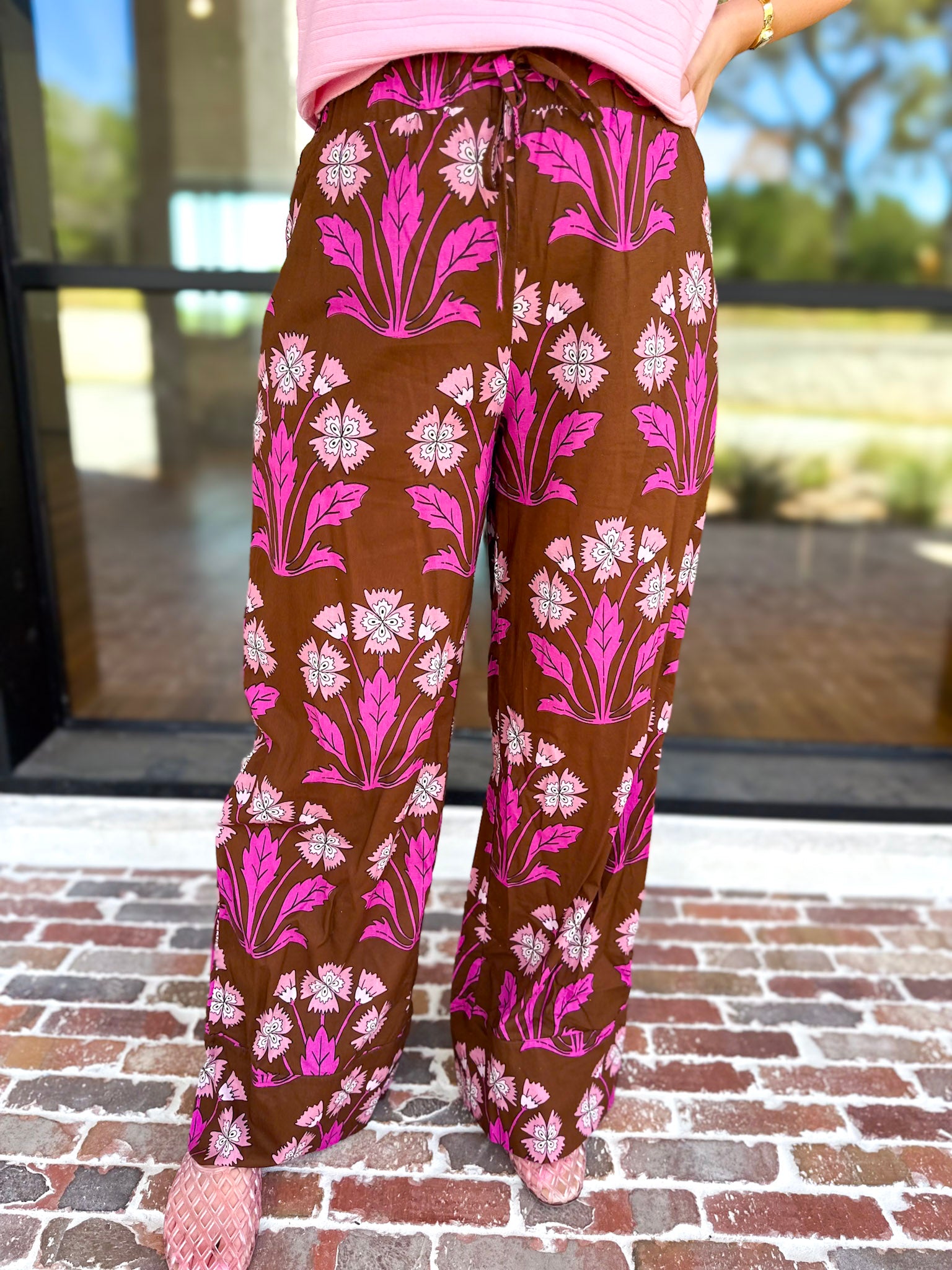 Pink & Chocolate Floral Drawstring Pants-400 Pants-TCEC-July & June Women's Fashion Boutique Located in San Antonio, Texas