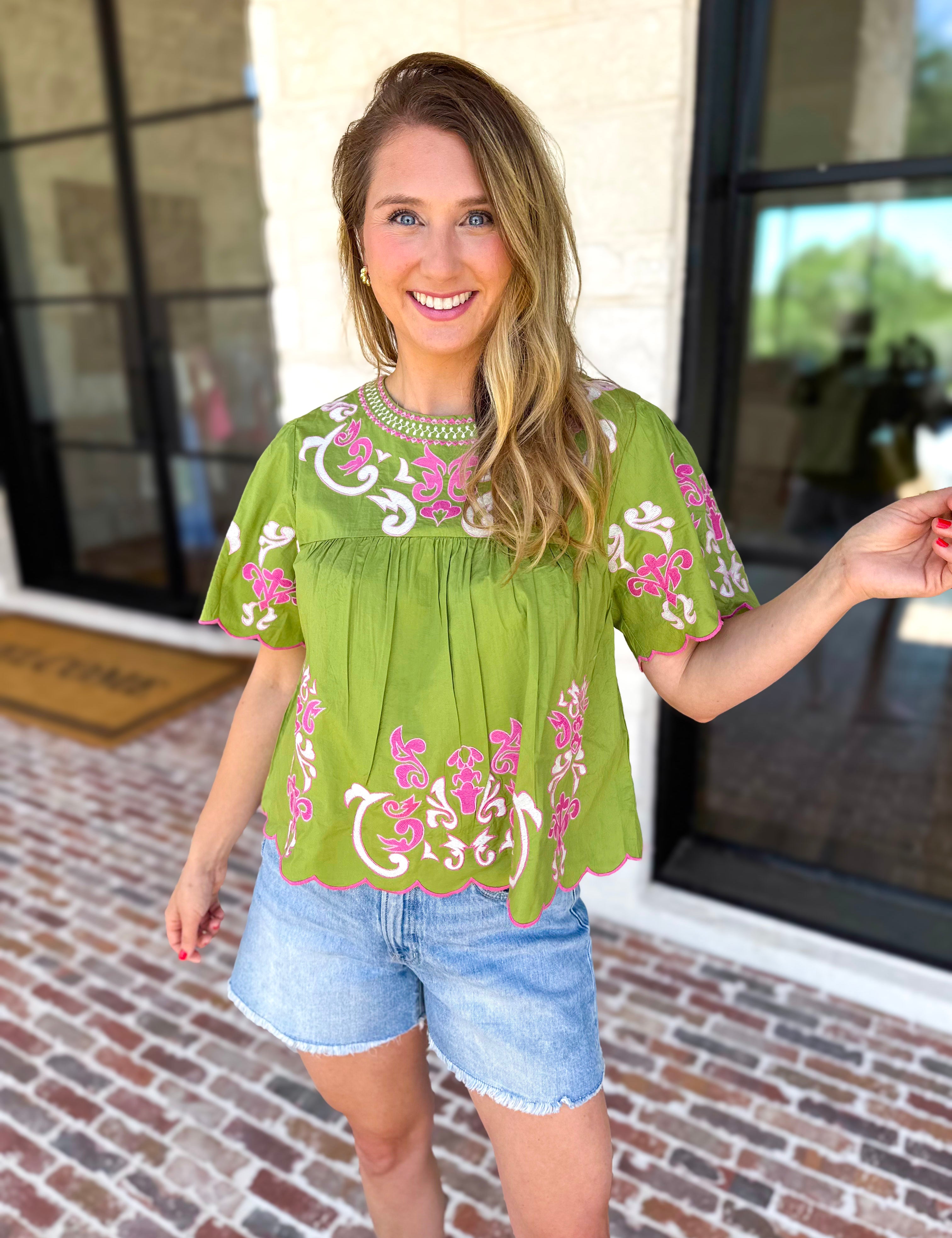 THML - Scalloped Sweetheart Blouse - Chartreuse-200 Fashion Blouses-THML-July & June Women's Fashion Boutique Located in San Antonio, Texas