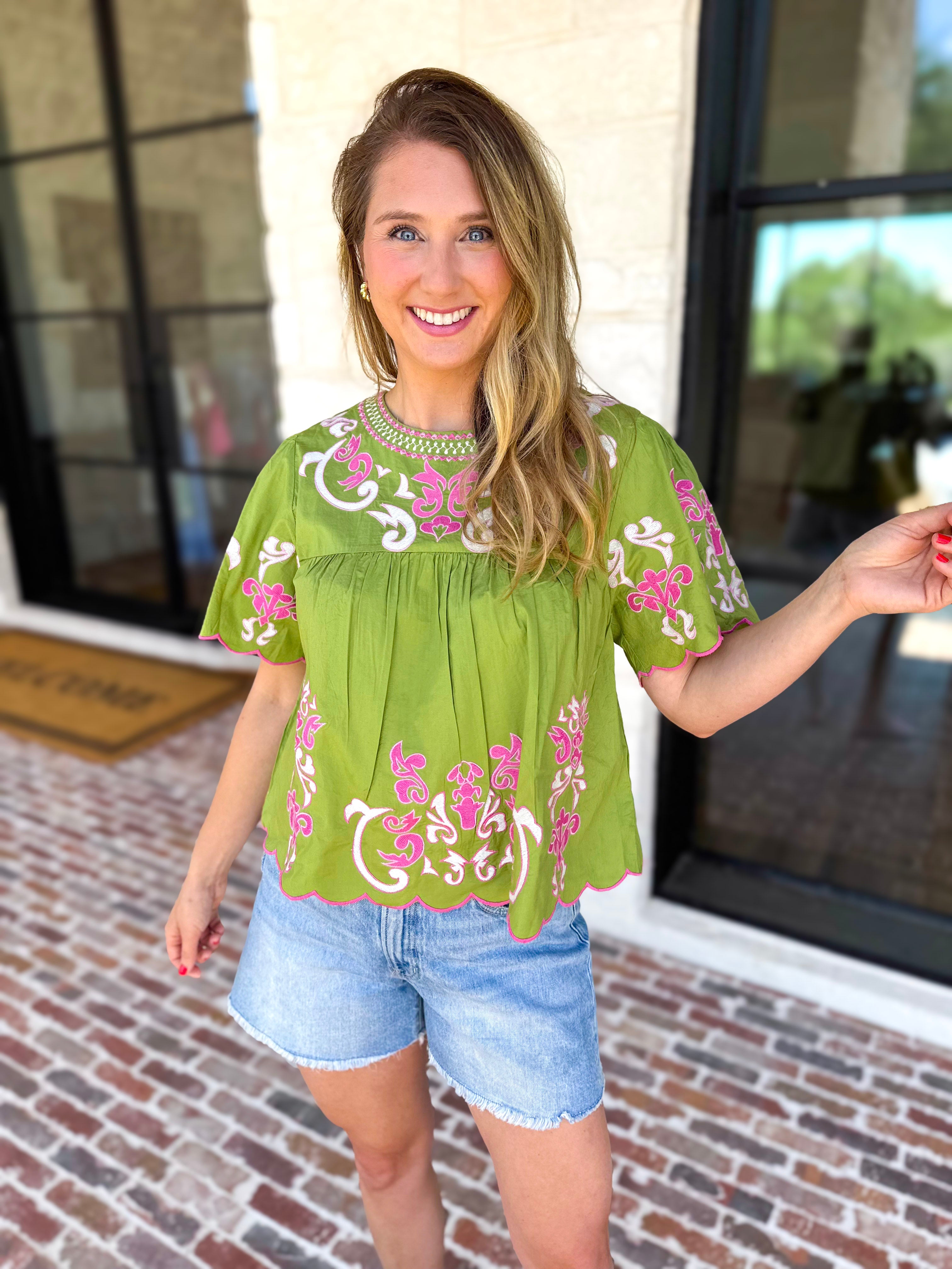 THML - Scalloped Sweetheart Blouse - Chartreuse-200 Fashion Blouses-THML-July & June Women's Fashion Boutique Located in San Antonio, Texas