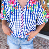 THML - Blue Gingham & Floral Embroidered Blouse-200 Fashion Blouses-THML-July & June Women's Fashion Boutique Located in San Antonio, Texas