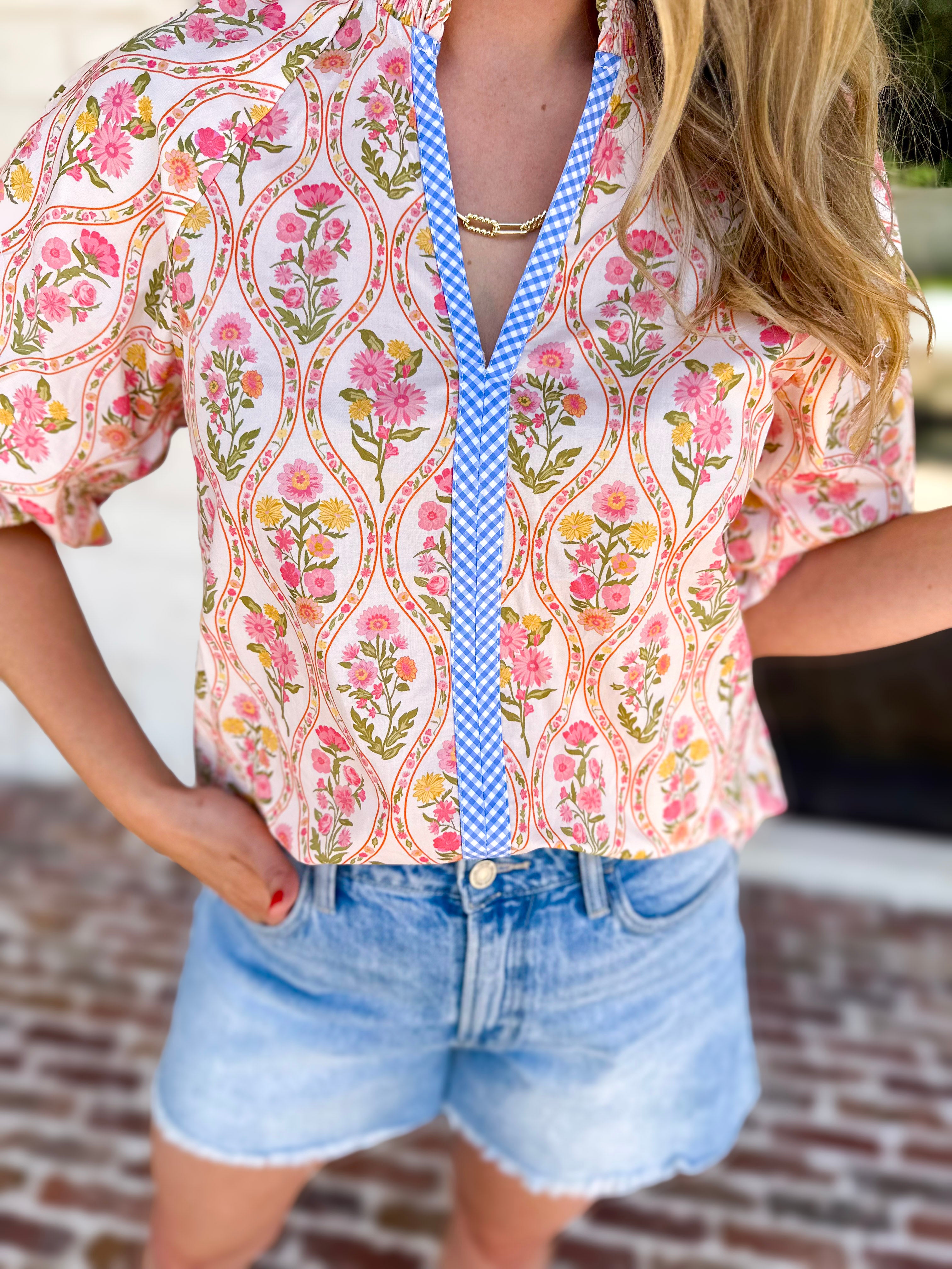 THML - Pink & Yellow Florals Blouse-200 Fashion Blouses-THML-July & June Women's Fashion Boutique Located in San Antonio, Texas