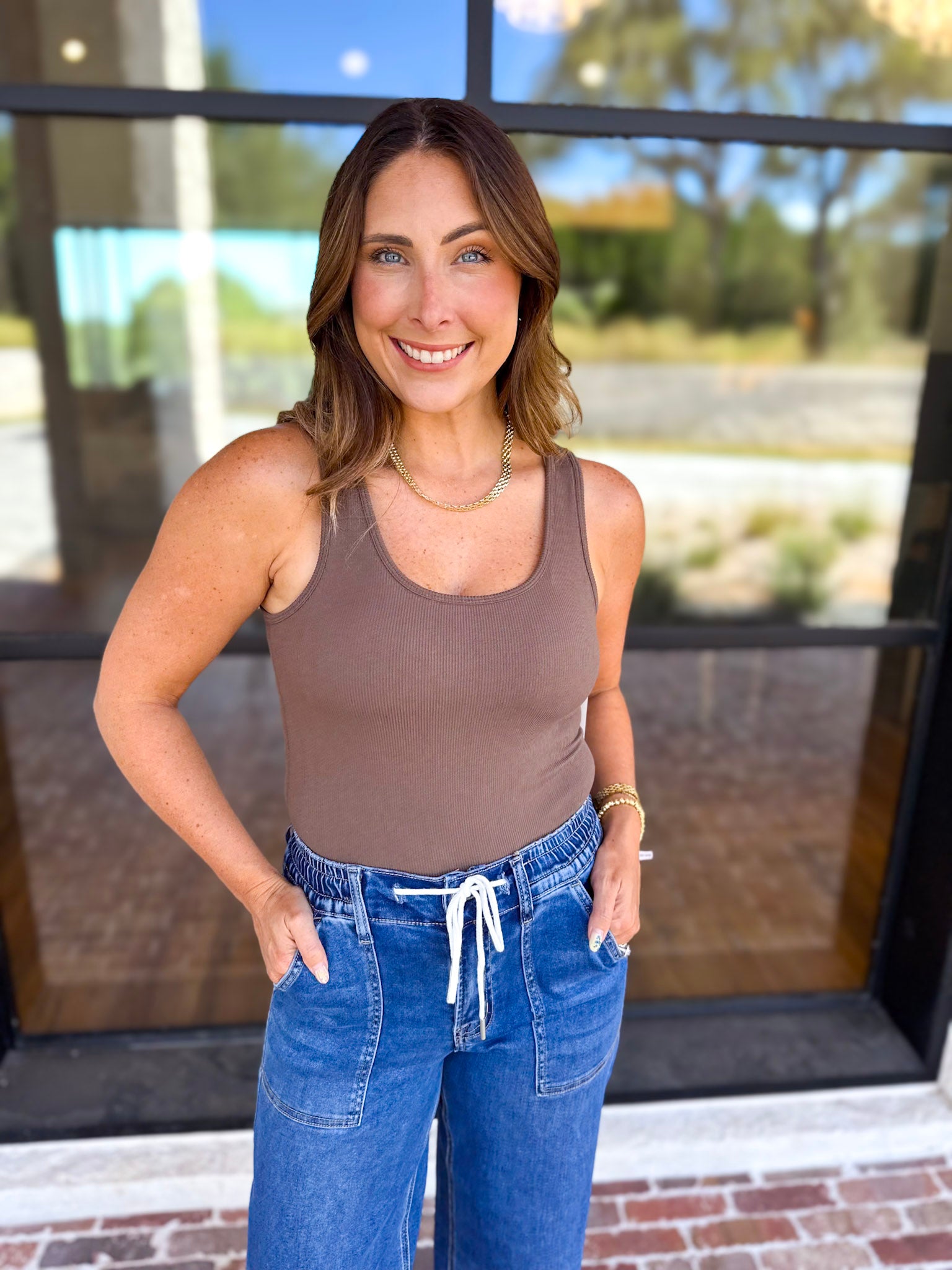 Everyday Built-in-Bra Tank - Truffle-220 Basic Tops-MONO B-July & June Women's Fashion Boutique Located in San Antonio, Texas