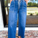 Vervet - High Rise Drawstring Wide Leg Comfy jeans-420 Denim-VEVERT BY FLYING MONKEY-July & June Women's Fashion Boutique Located in San Antonio, Texas