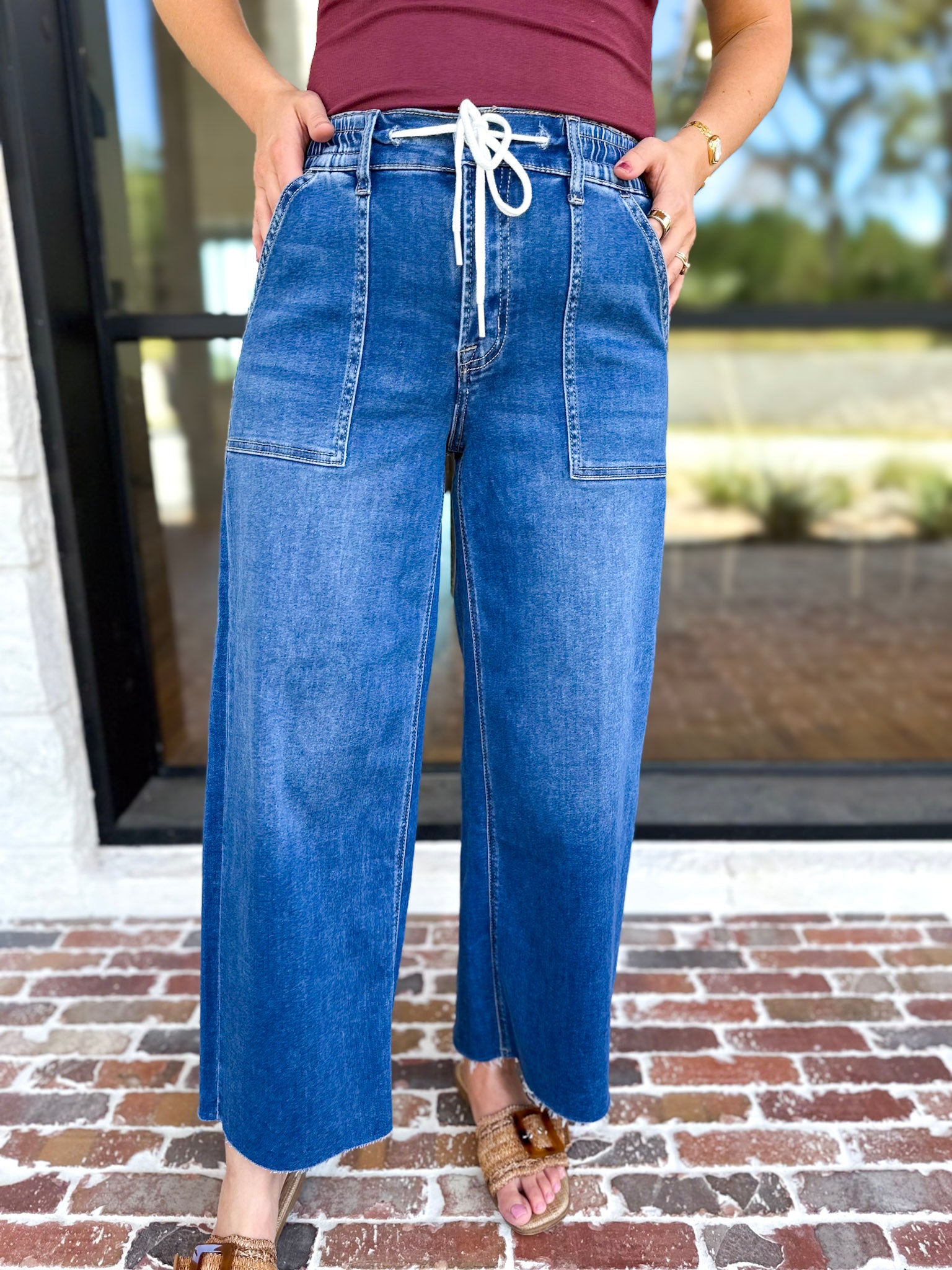 Vervet - High Rise Drawstring Wide Leg Comfy jeans-420 Denim-VEVERT BY FLYING MONKEY-July & June Women's Fashion Boutique Located in San Antonio, Texas