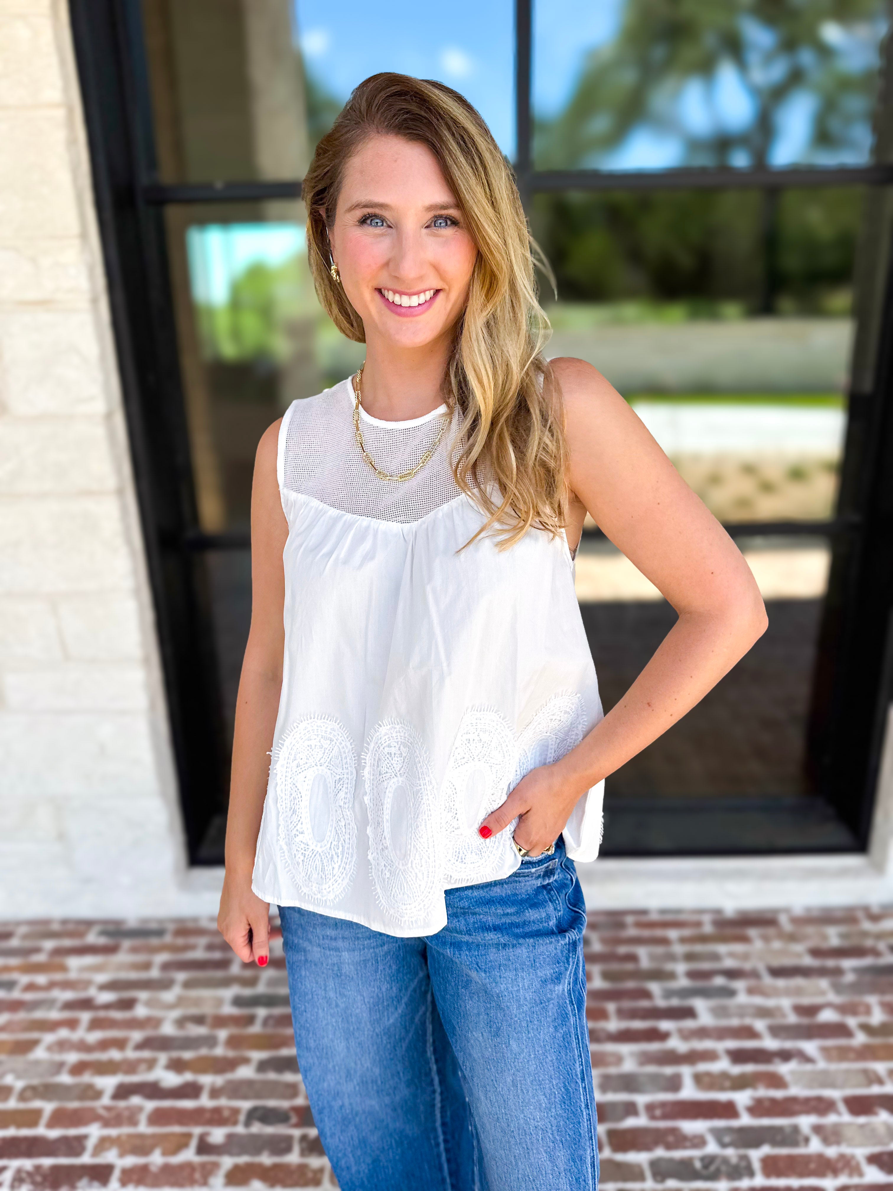 Sheer Details Tank - White-200 Fashion Blouses-FATE-July & June Women's Fashion Boutique Located in San Antonio, Texas