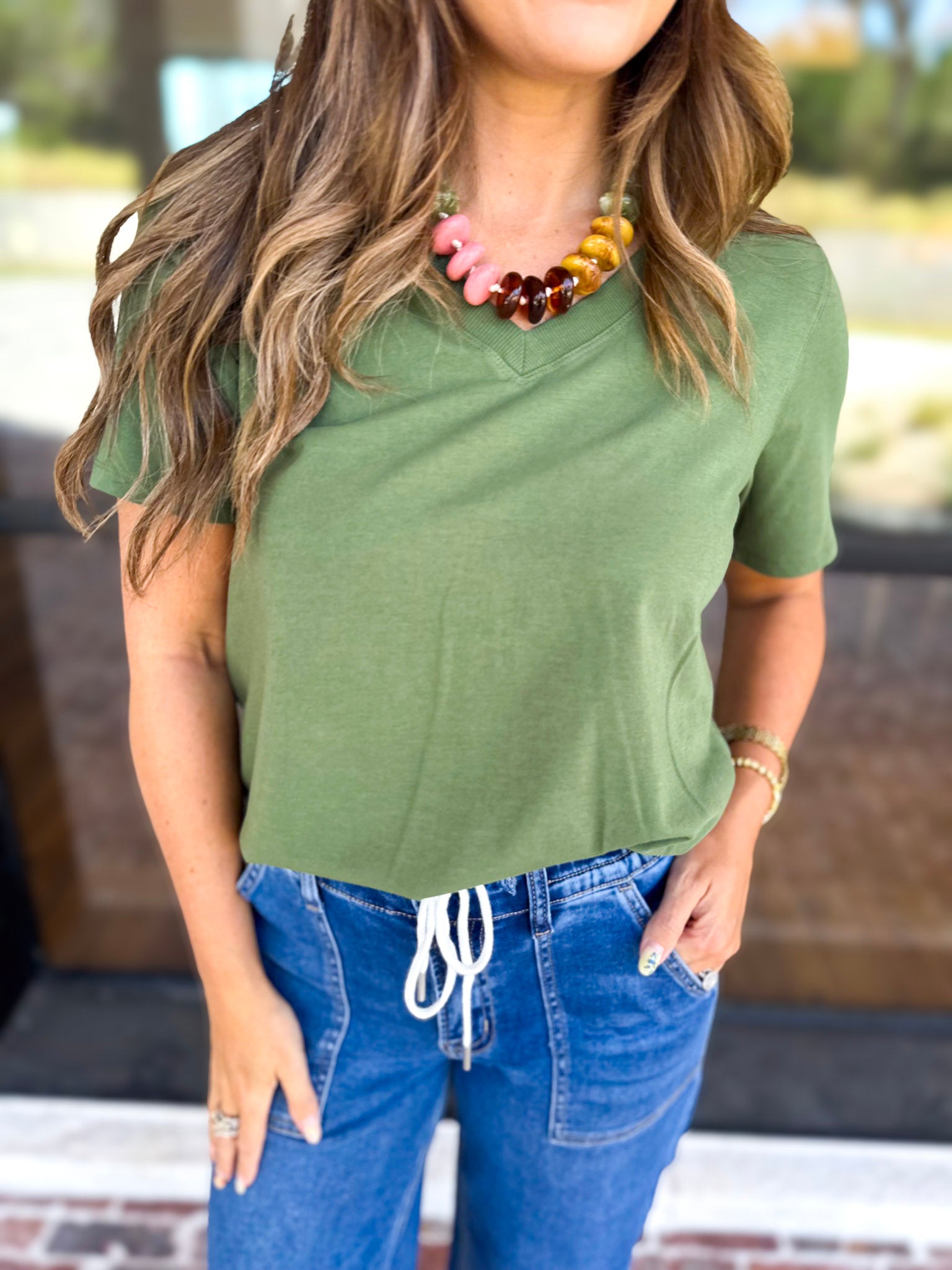 Everyday Essential V-Neck Tee - Sage-210 Casual Blouses-MONO B-July & June Women's Fashion Boutique Located in San Antonio, Texas