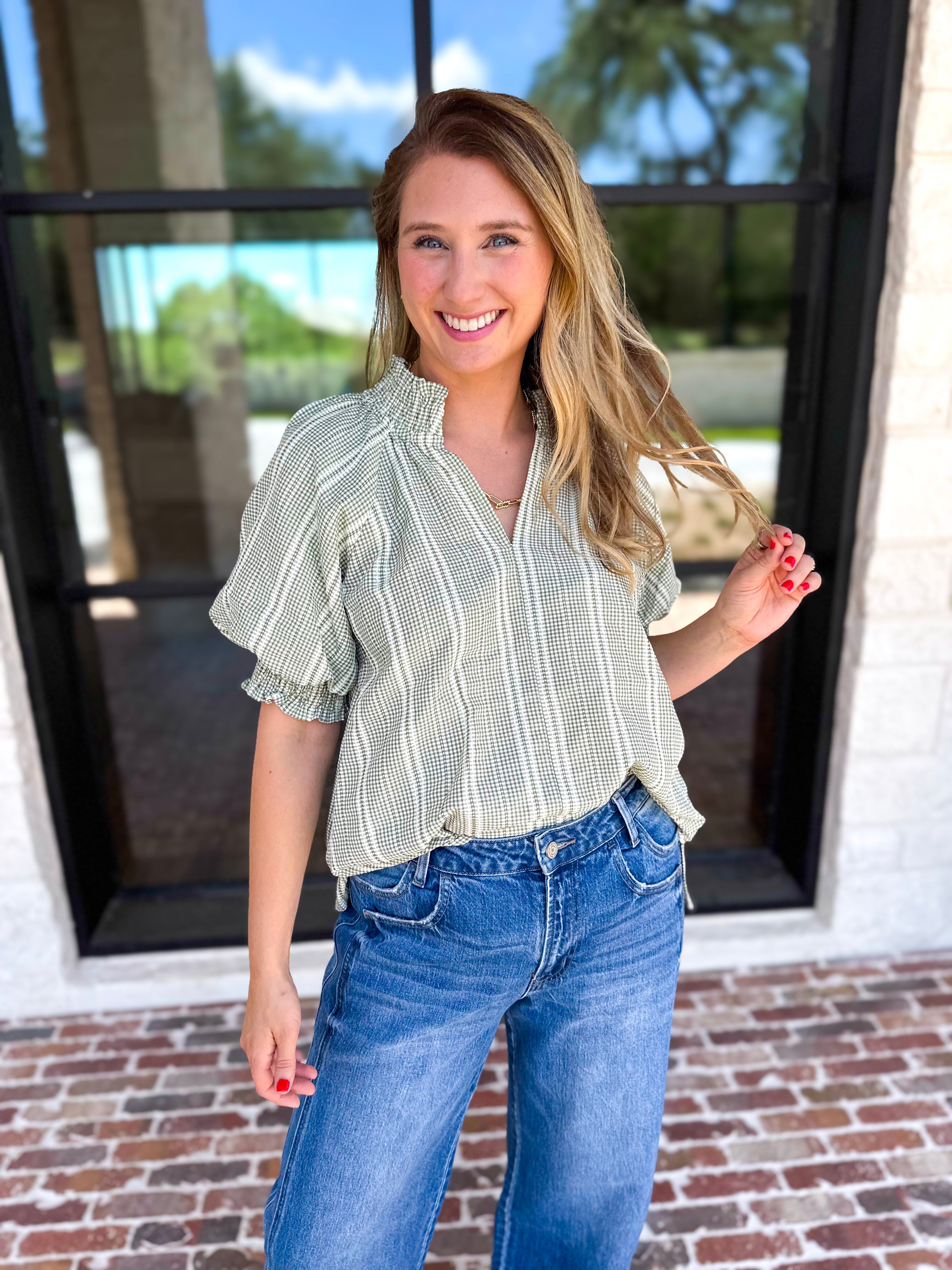 Sage Picnic Blouse-200 Fashion Blouses-JODIFL-July & June Women's Fashion Boutique Located in San Antonio, Texas