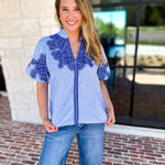 THML - Classic Blue Embroidered Blouse-200 Fashion Blouses-THML-July & June Women's Fashion Boutique Located in San Antonio, Texas
