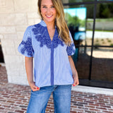 THML - Classic Blue Embroidered Blouse-200 Fashion Blouses-THML-July & June Women's Fashion Boutique Located in San Antonio, Texas