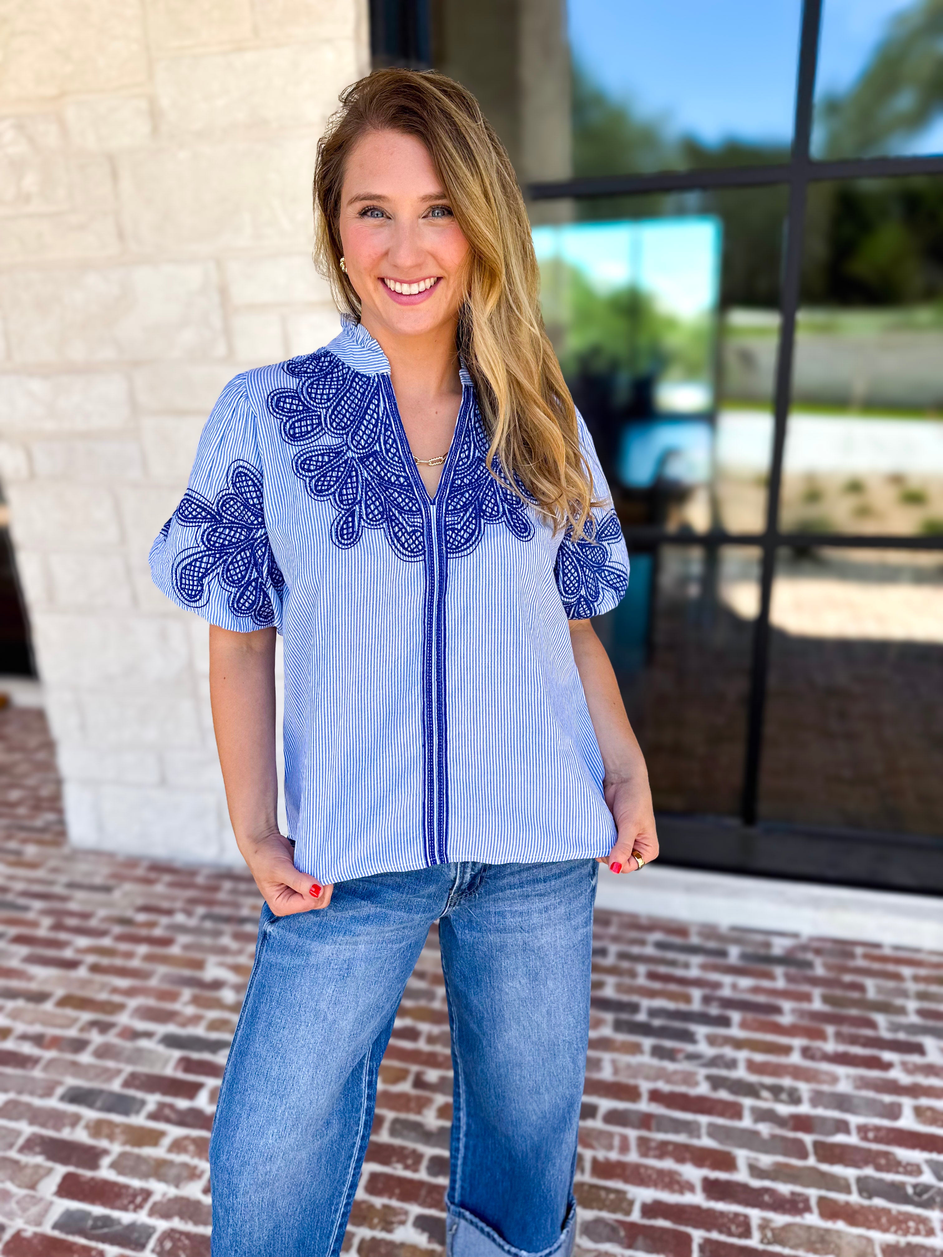 THML - Classic Blue Embroidered Blouse-200 Fashion Blouses-THML-July & June Women's Fashion Boutique Located in San Antonio, Texas