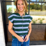Green & Blue Varsity Short Sleeve Cardigan-230 Sweaters/Cardis-ENTRO-July & June Women's Fashion Boutique Located in San Antonio, Texas