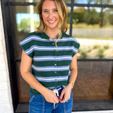 Green & Blue Varsity Short Sleeve Cardigan-230 Sweaters/Cardis-ENTRO-July & June Women's Fashion Boutique Located in San Antonio, Texas