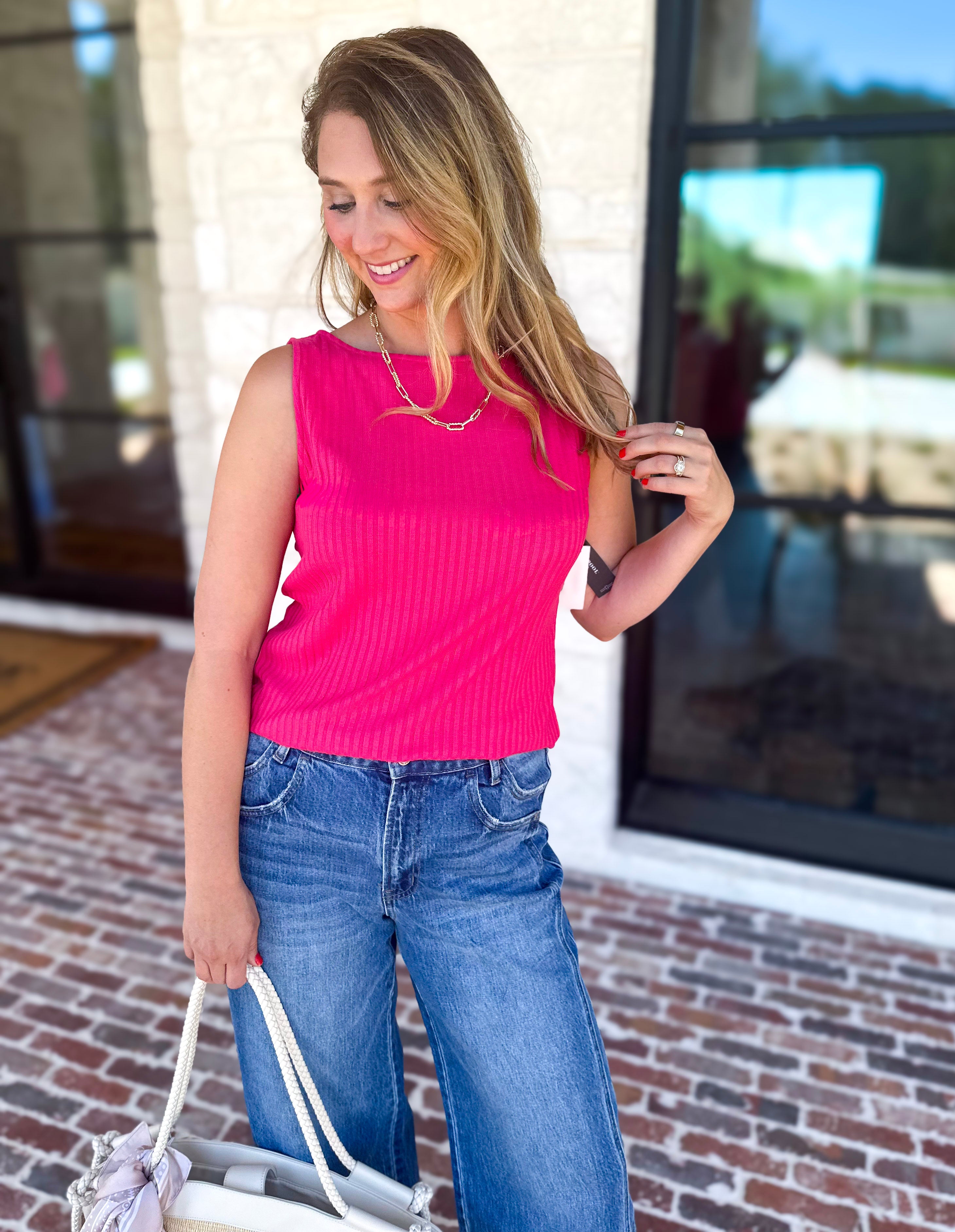 Liverpool - Hot Pink Boatneck Knit Top-200 Fashion Blouses-LIVERPOOL JEANS COMPANY-July & June Women's Fashion Boutique Located in San Antonio, Texas