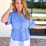 Light Blue Utility Blouse-200 Fashion Blouses-SKIES ARE BLUE-July & June Women's Fashion Boutique Located in San Antonio, Texas