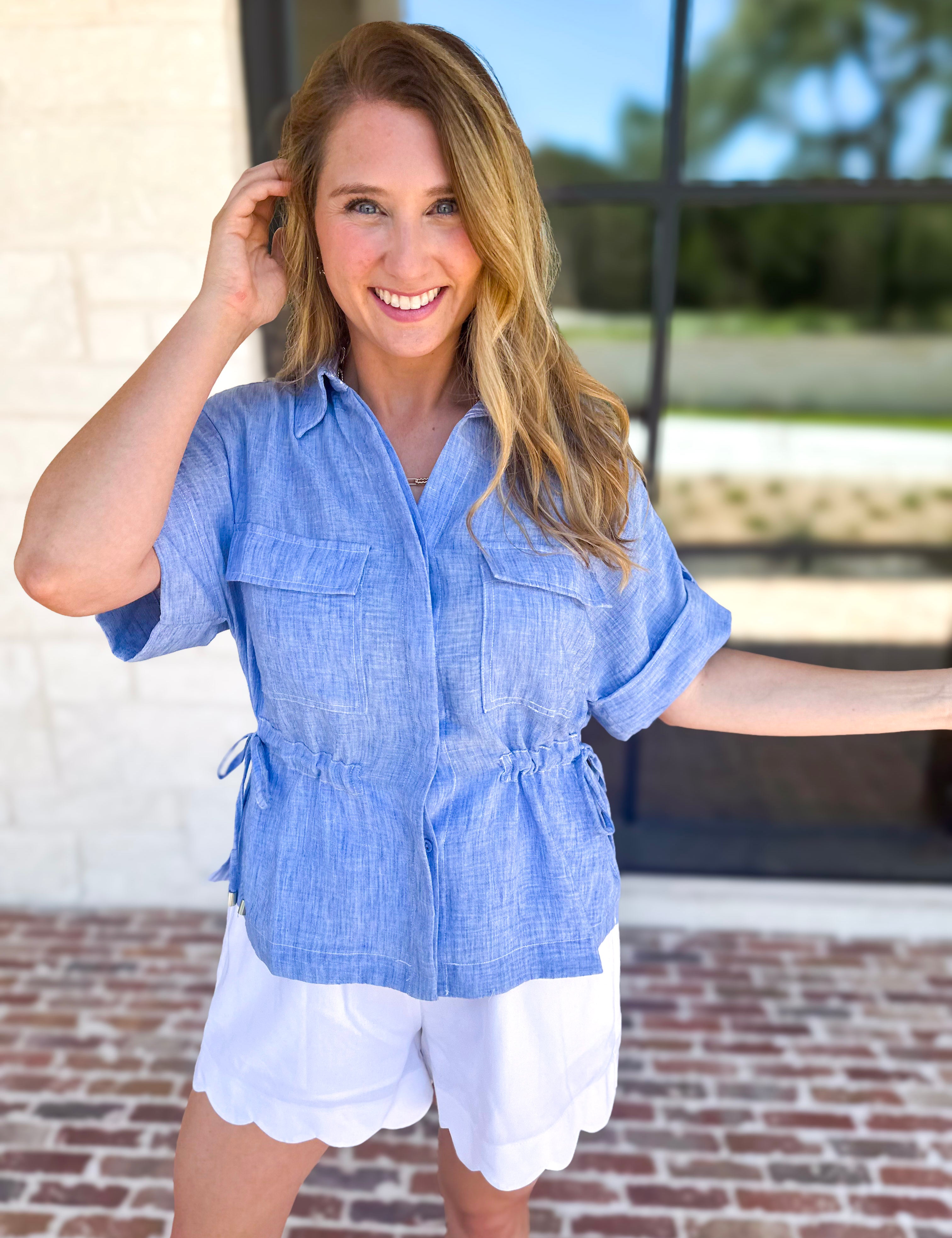 Light Blue Utility Blouse-200 Fashion Blouses-SKIES ARE BLUE-July & June Women's Fashion Boutique Located in San Antonio, Texas