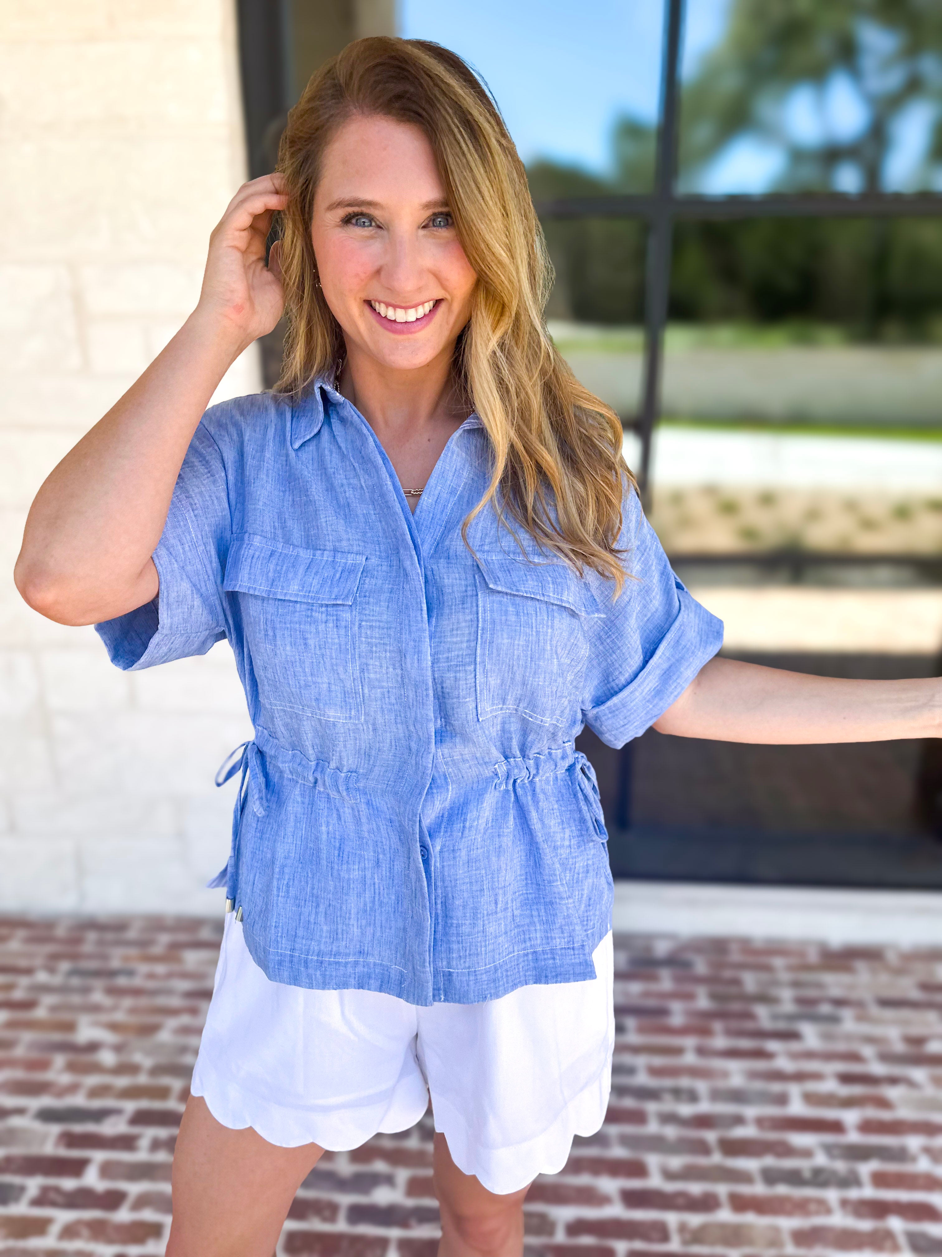 Light Blue Utility Blouse-200 Fashion Blouses-SKIES ARE BLUE-July & June Women's Fashion Boutique Located in San Antonio, Texas