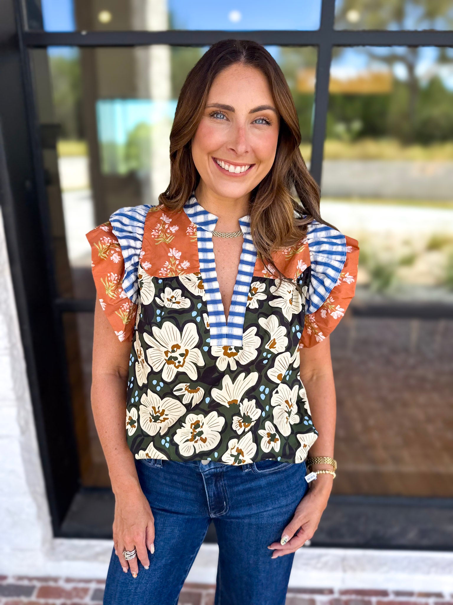 THML - Harvest Florals Ruffle Sleeve Blouse-200 Fashion Blouses-THML-July & June Women's Fashion Boutique Located in San Antonio, Texas